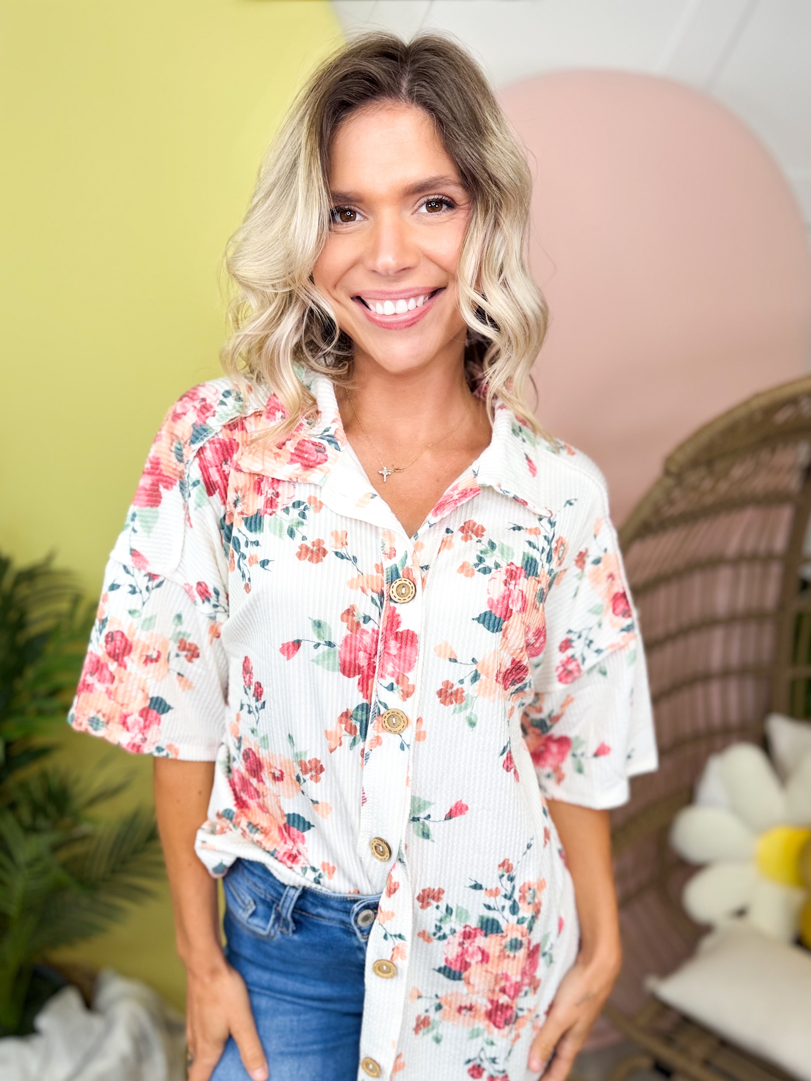 Blush Garden Button Blouse-110 SHORT SLEEVE TOP-HEIMISH-Heathered Boho Boutique, Women's Fashion and Accessories in Palmetto, FL