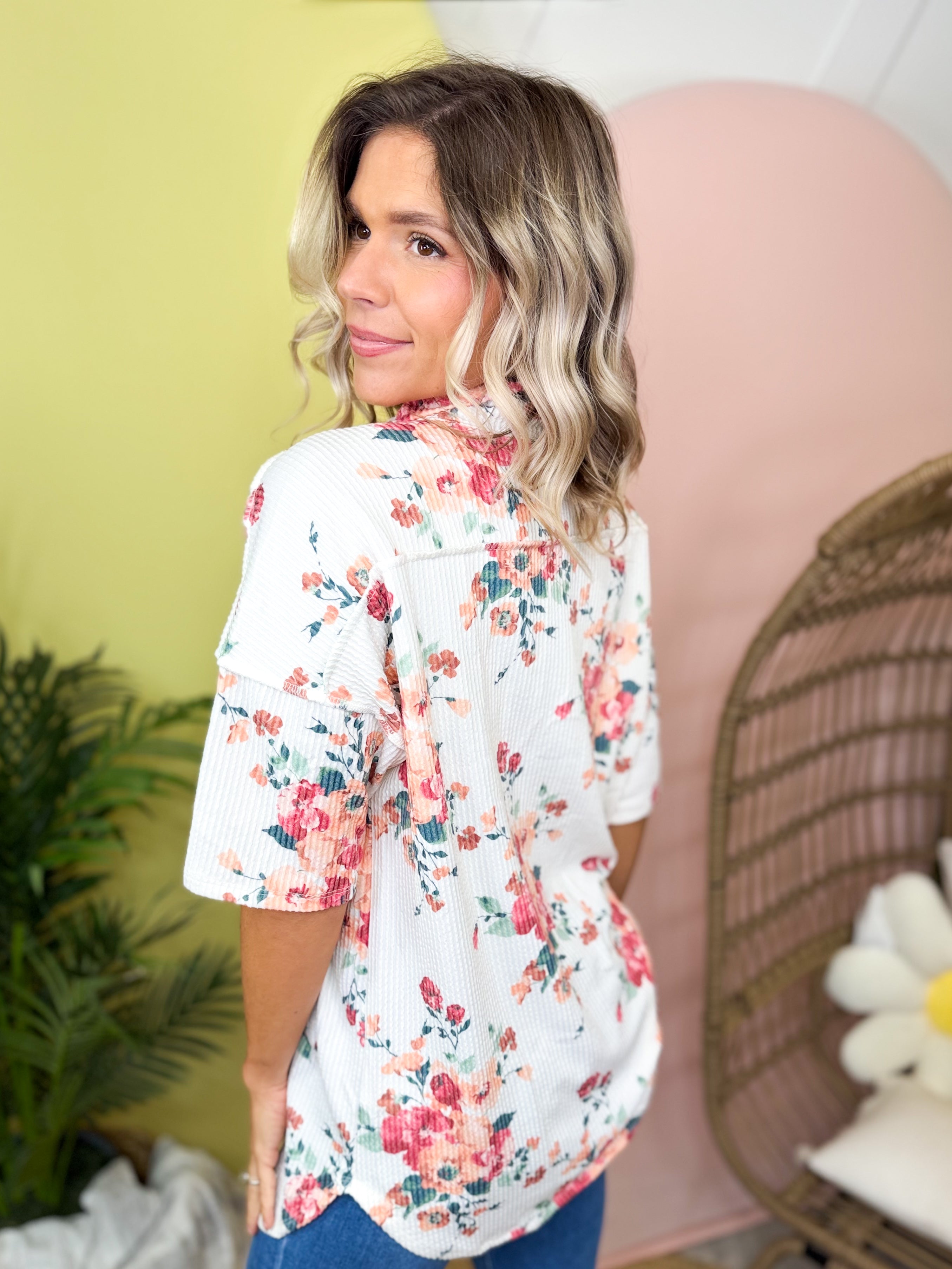 Blush Garden Button Blouse-110 SHORT SLEEVE TOP-HEIMISH-Heathered Boho Boutique, Women's Fashion and Accessories in Palmetto, FL