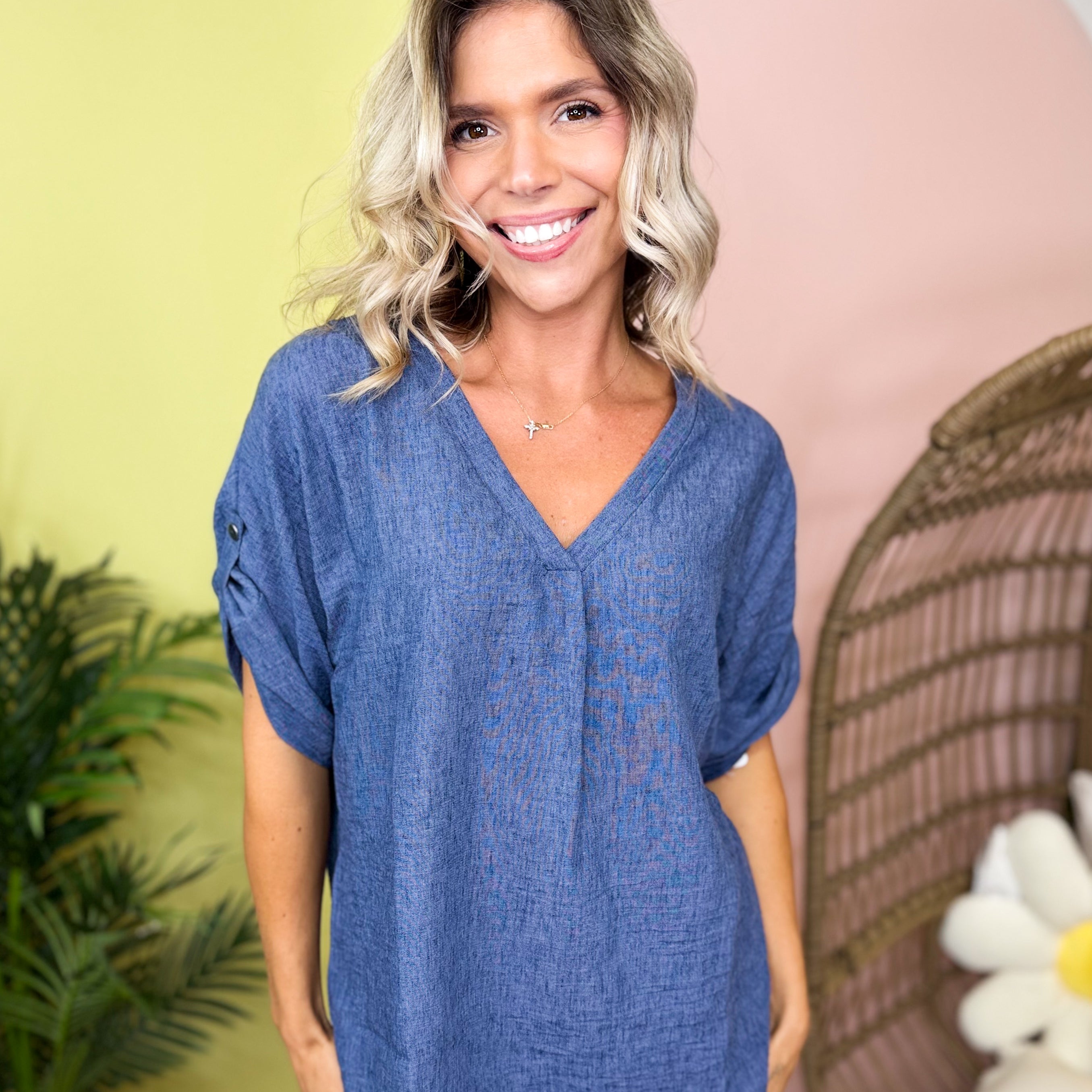 Breezy Linen V-Neck Top-110 SHORT SLEEVE TOP-SEW IN LOVE-Heathered Boho Boutique, Women's Fashion and Accessories in Palmetto, FL