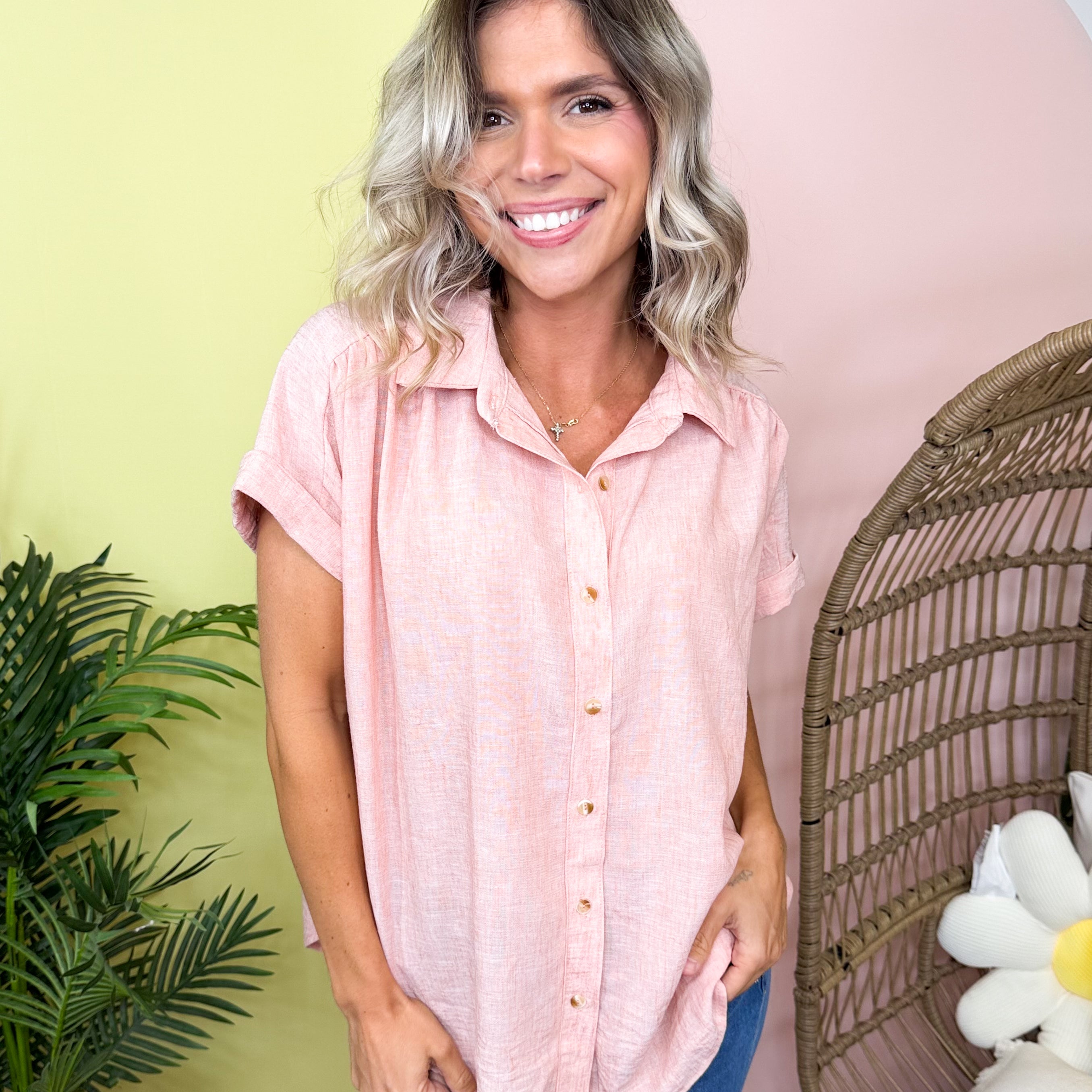 Sunwashed Stripe Button Top-110 SHORT SLEEVE TOP-SEW IN LOVE-Heathered Boho Boutique, Women's Fashion and Accessories in Palmetto, FL