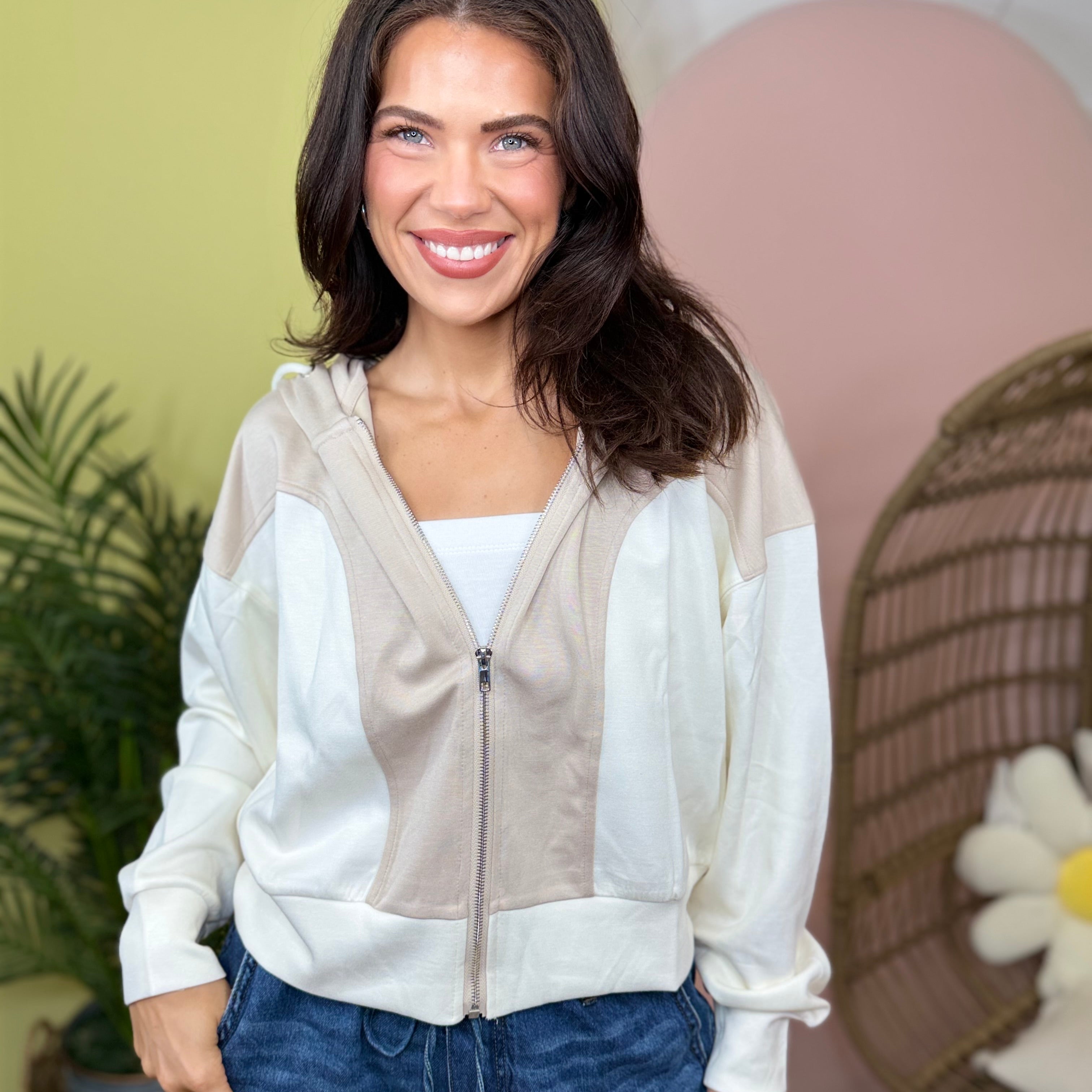 Neutral Energy Zip Up Hoodie-210 HOODIES-WHITE BIRCH-Heathered Boho Boutique, Women's Fashion and Accessories in Palmetto, FL