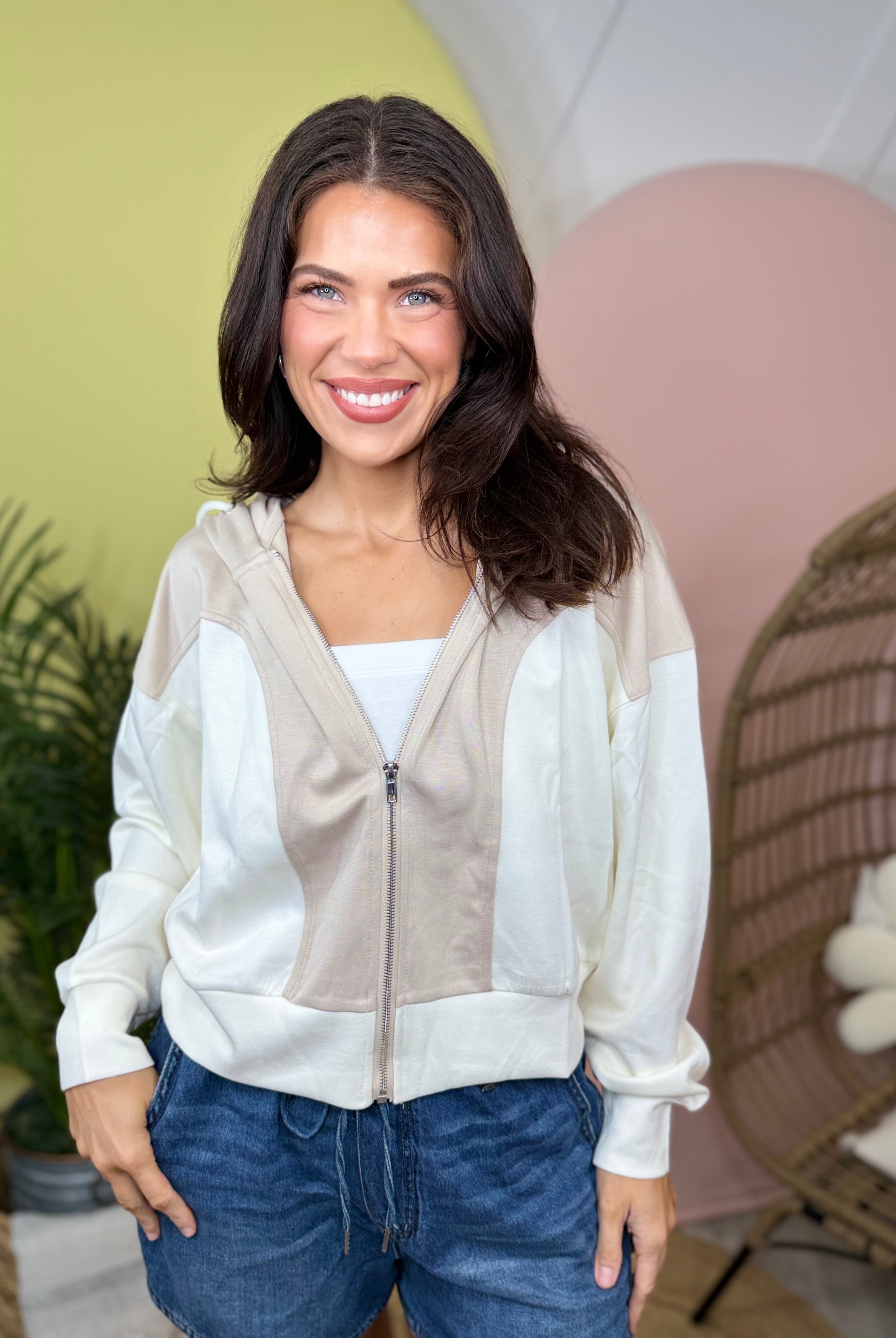 Neutral Energy Zip Up Hoodie-210 HOODIES-WHITE BIRCH-Heathered Boho Boutique, Women's Fashion and Accessories in Palmetto, FL