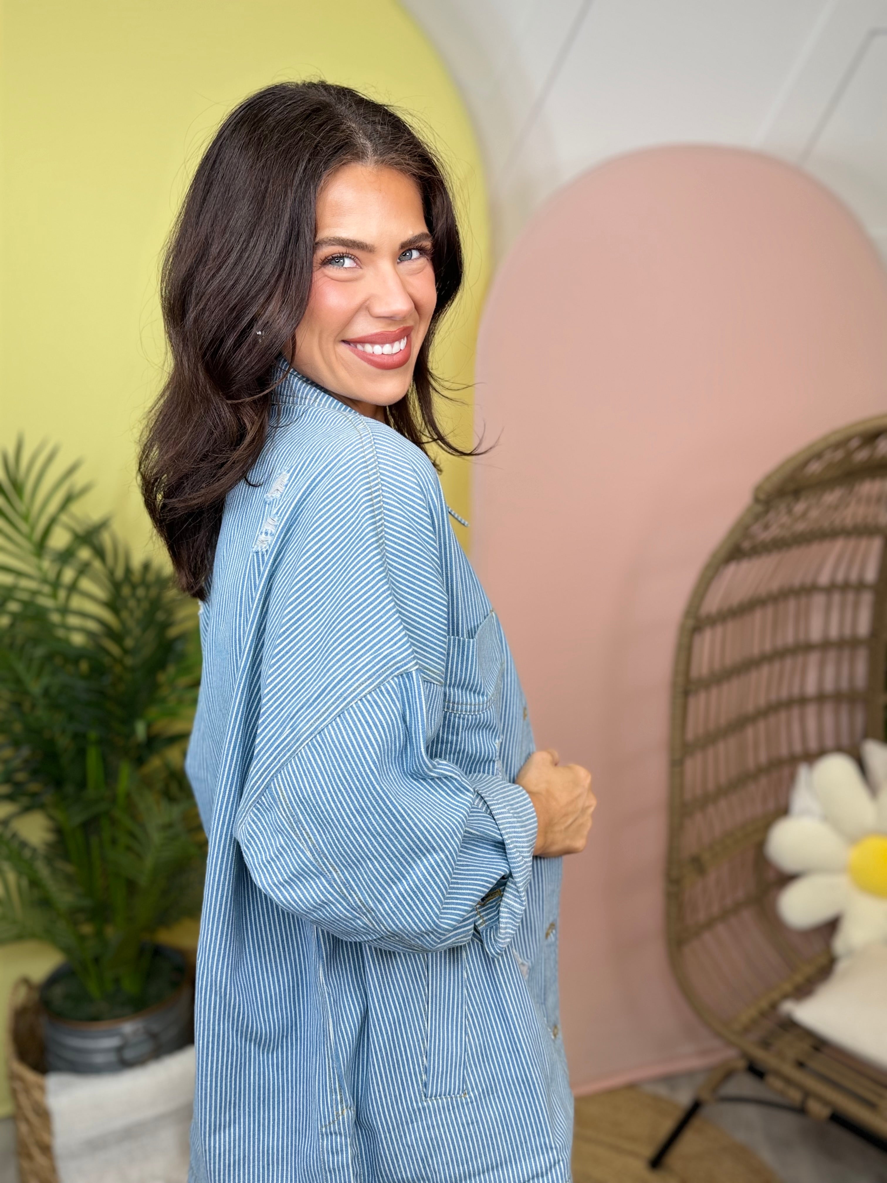 Harbor Stripe Distressed Shacket-200 JACKETS/SHACKETS-WHITE BIRCH-Heathered Boho Boutique, Women's Fashion and Accessories in Palmetto, FL