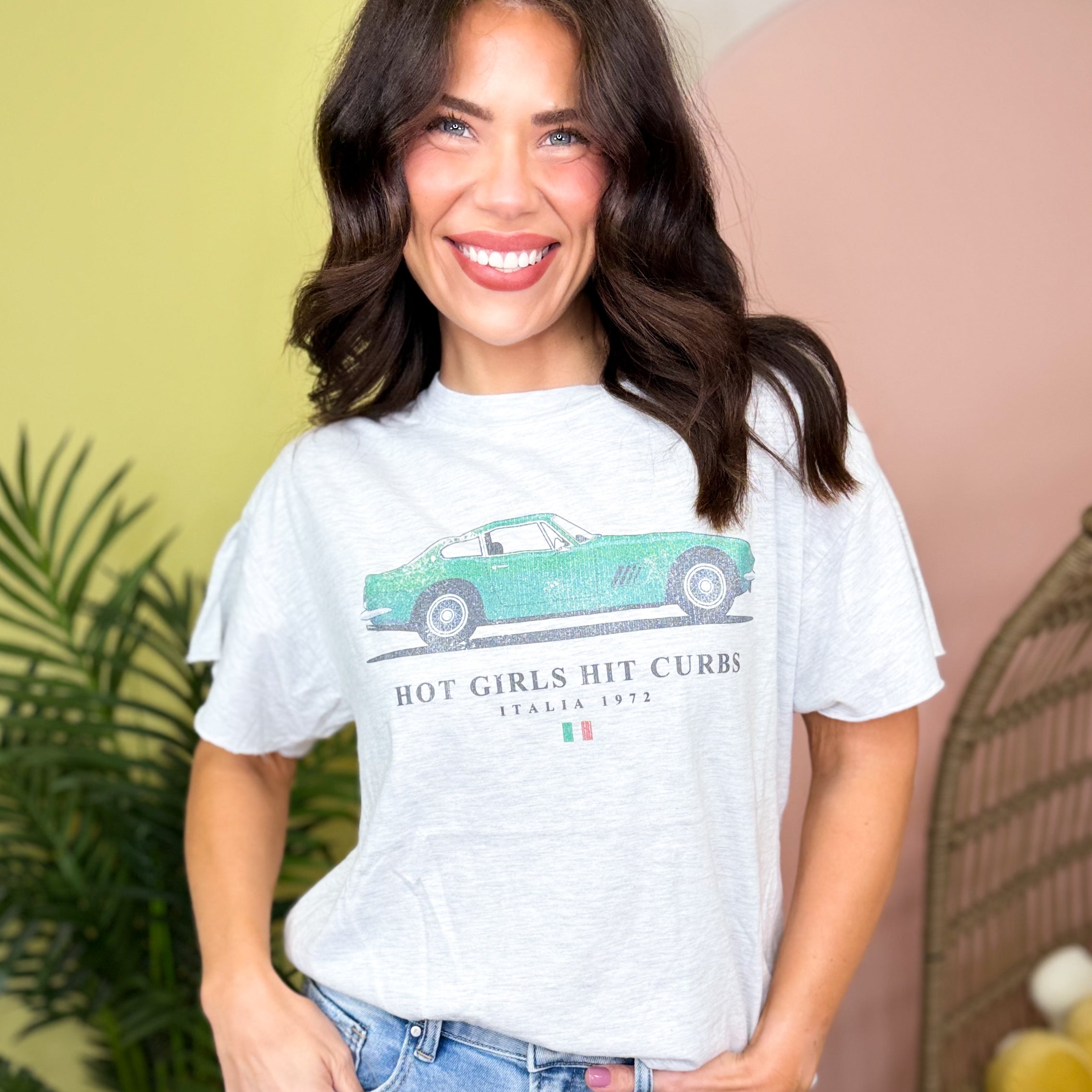 HOT GIRLS HIT CURBS SIDE SLIT TEE-130 GRAPHIC TEES-Pebby Forevee-Heathered Boho Boutique, Women's Fashion and Accessories in Palmetto, FL
