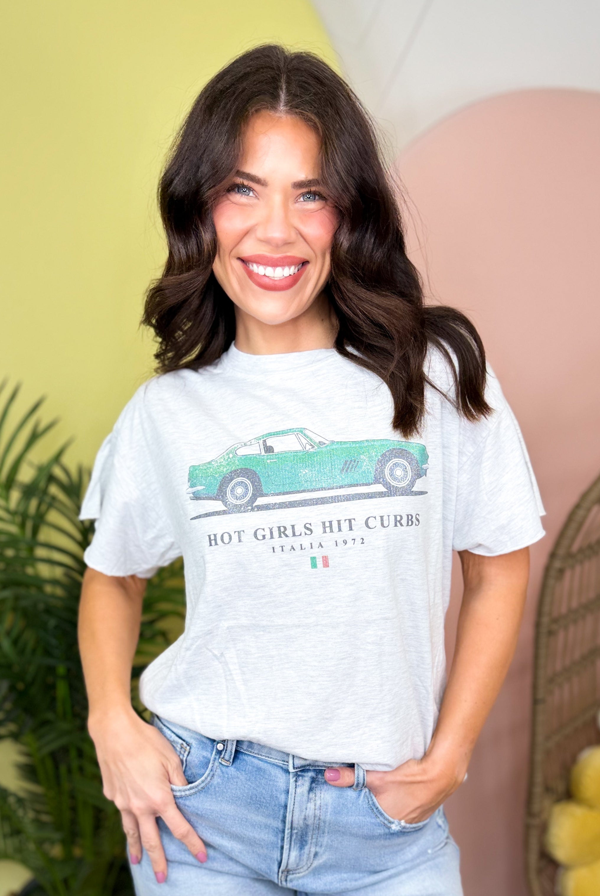 HOT GIRLS HIT CURBS SIDE SLIT TEE-130 GRAPHIC TEES-Pebby Forevee-Heathered Boho Boutique, Women's Fashion and Accessories in Palmetto, FL
