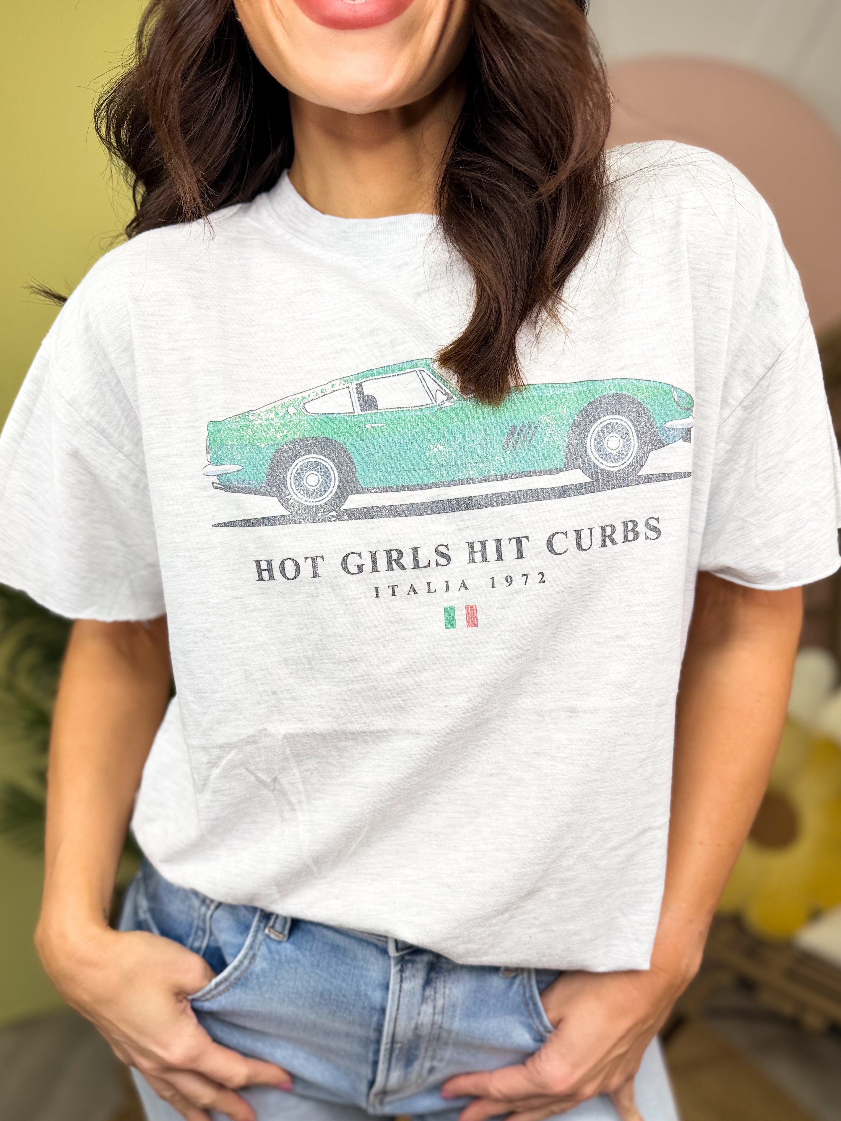 HOT GIRLS HIT CURBS SIDE SLIT TEE-130 GRAPHIC TEES-Pebby Forevee-Heathered Boho Boutique, Women's Fashion and Accessories in Palmetto, FL