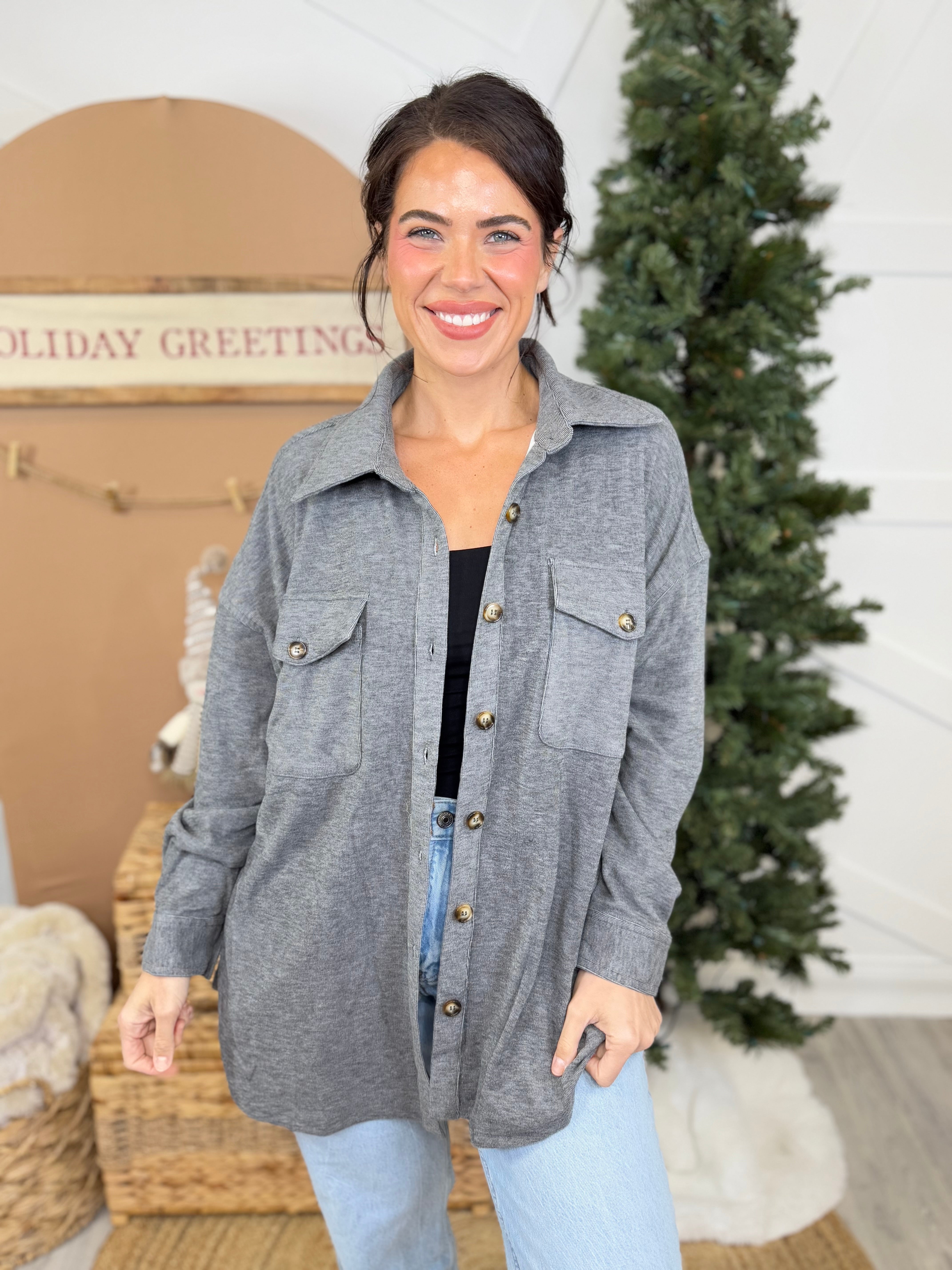 Restock: Good Feeling Shacket-200 Jackets/Shackets-White Birch-Heathered Boho Boutique, Women's Fashion and Accessories in Palmetto, FL