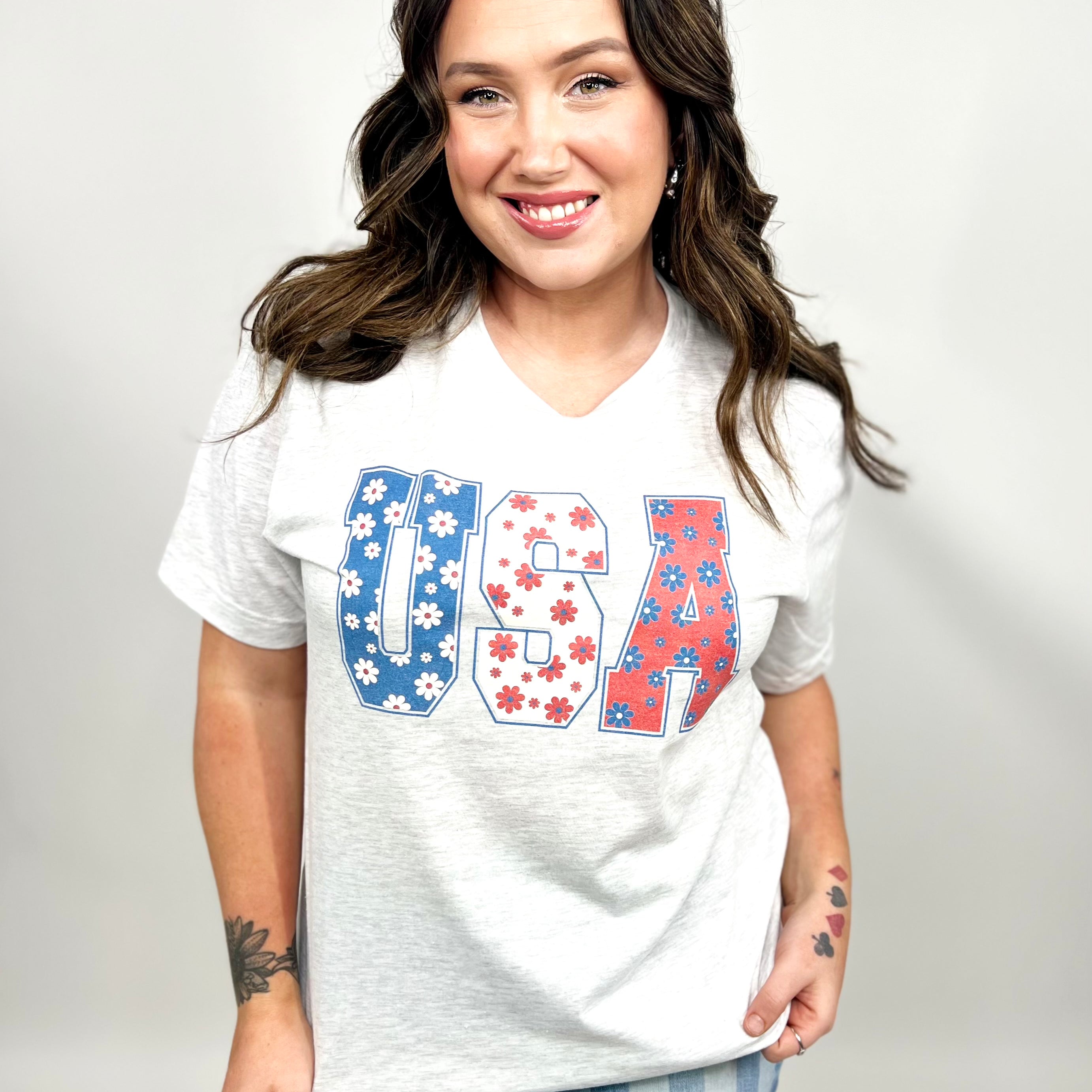 Flowers in the USA Graphic Tee-130 Graphic Tees-Heathered Boho-Heathered Boho Boutique, Women's Fashion and Accessories in Palmetto, FL