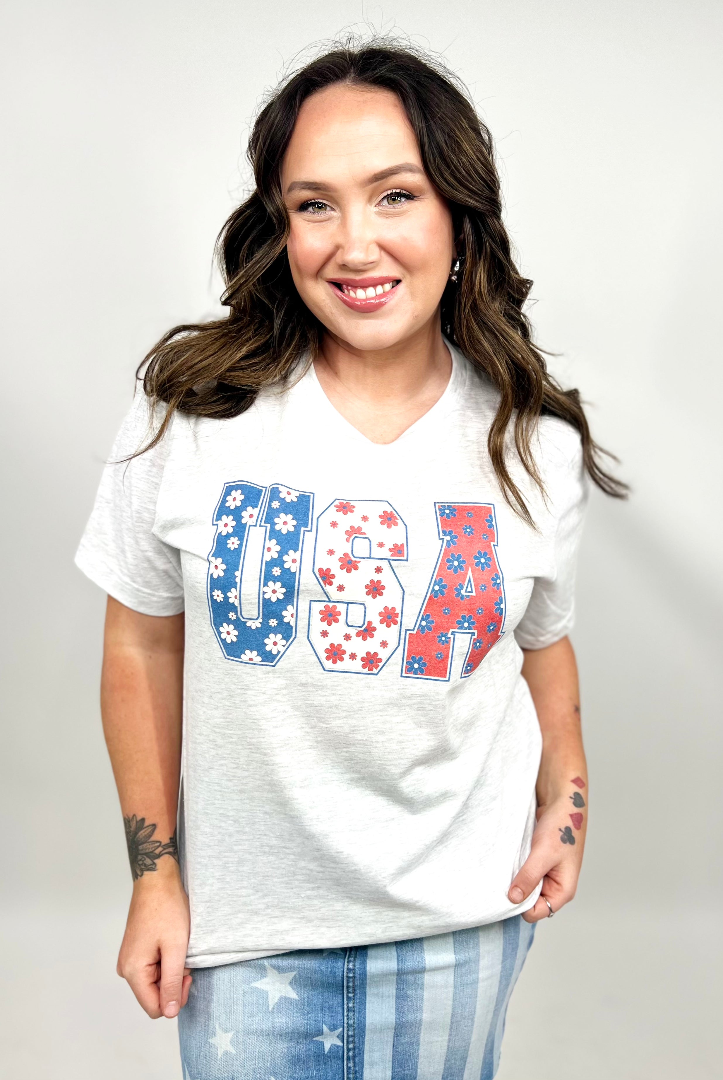 Flowers in the USA Graphic Tee-130 Graphic Tees-Heathered Boho-Heathered Boho Boutique, Women's Fashion and Accessories in Palmetto, FL