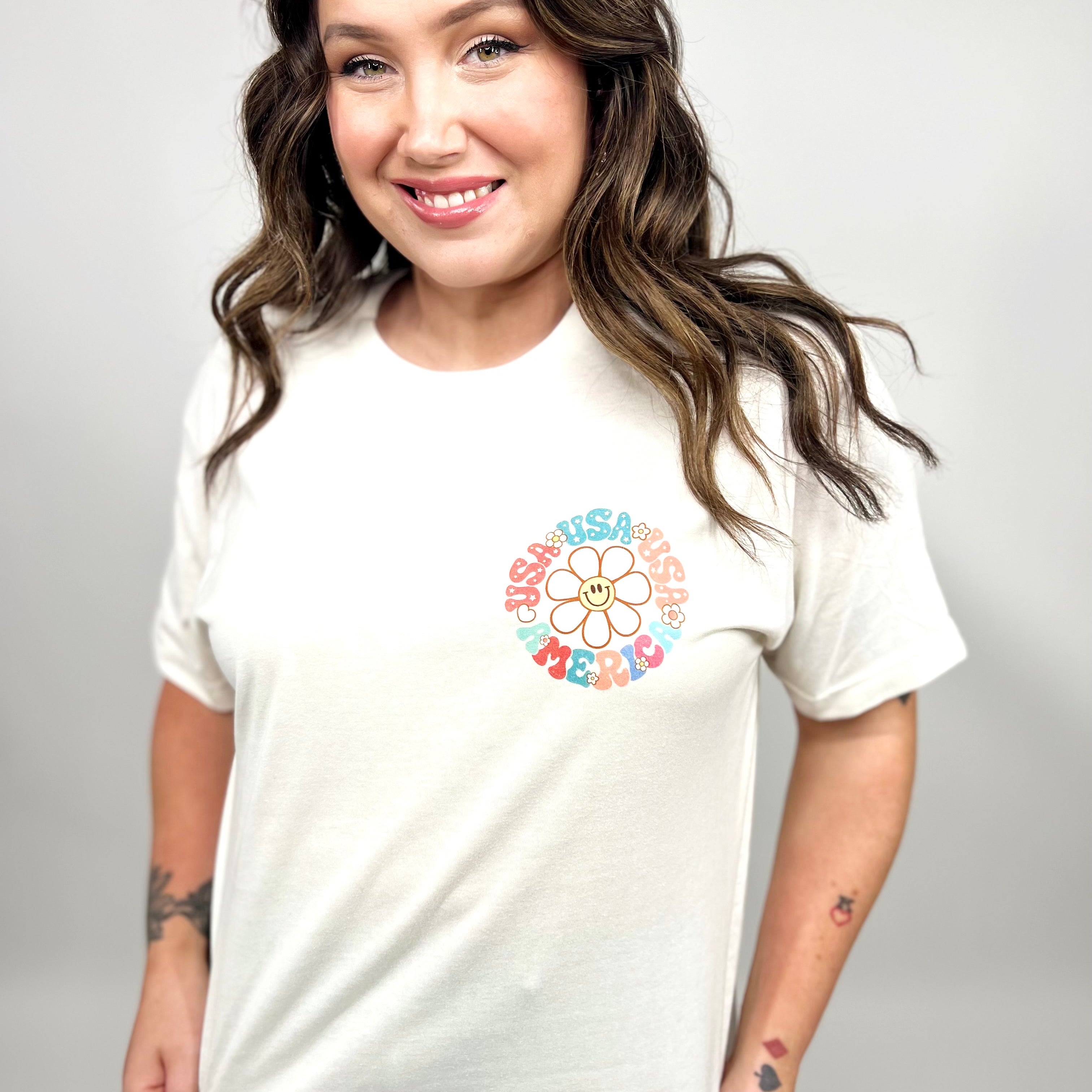 USA Retro Rainbow Graphic Tee-130 Graphic Tees-Heathered Boho-Heathered Boho Boutique, Women's Fashion and Accessories in Palmetto, FL