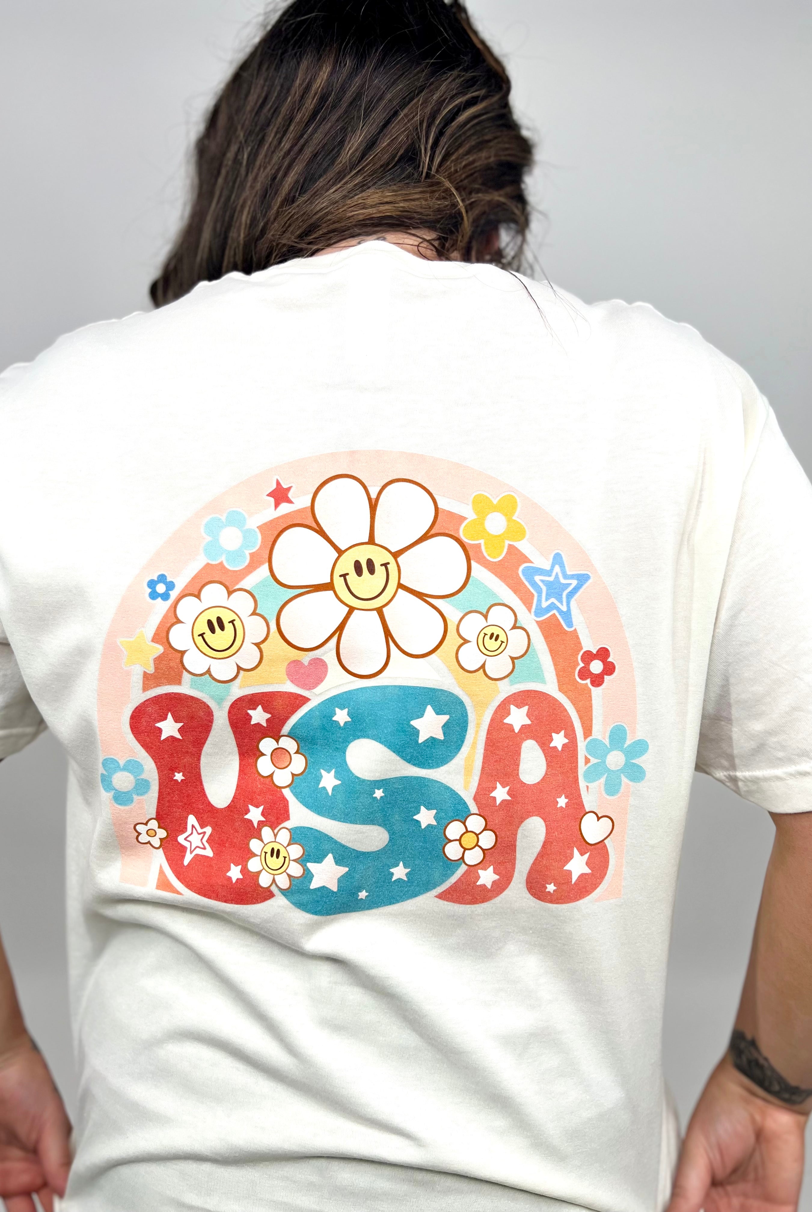 USA Retro Rainbow Graphic Tee-130 Graphic Tees-Heathered Boho-Heathered Boho Boutique, Women's Fashion and Accessories in Palmetto, FL