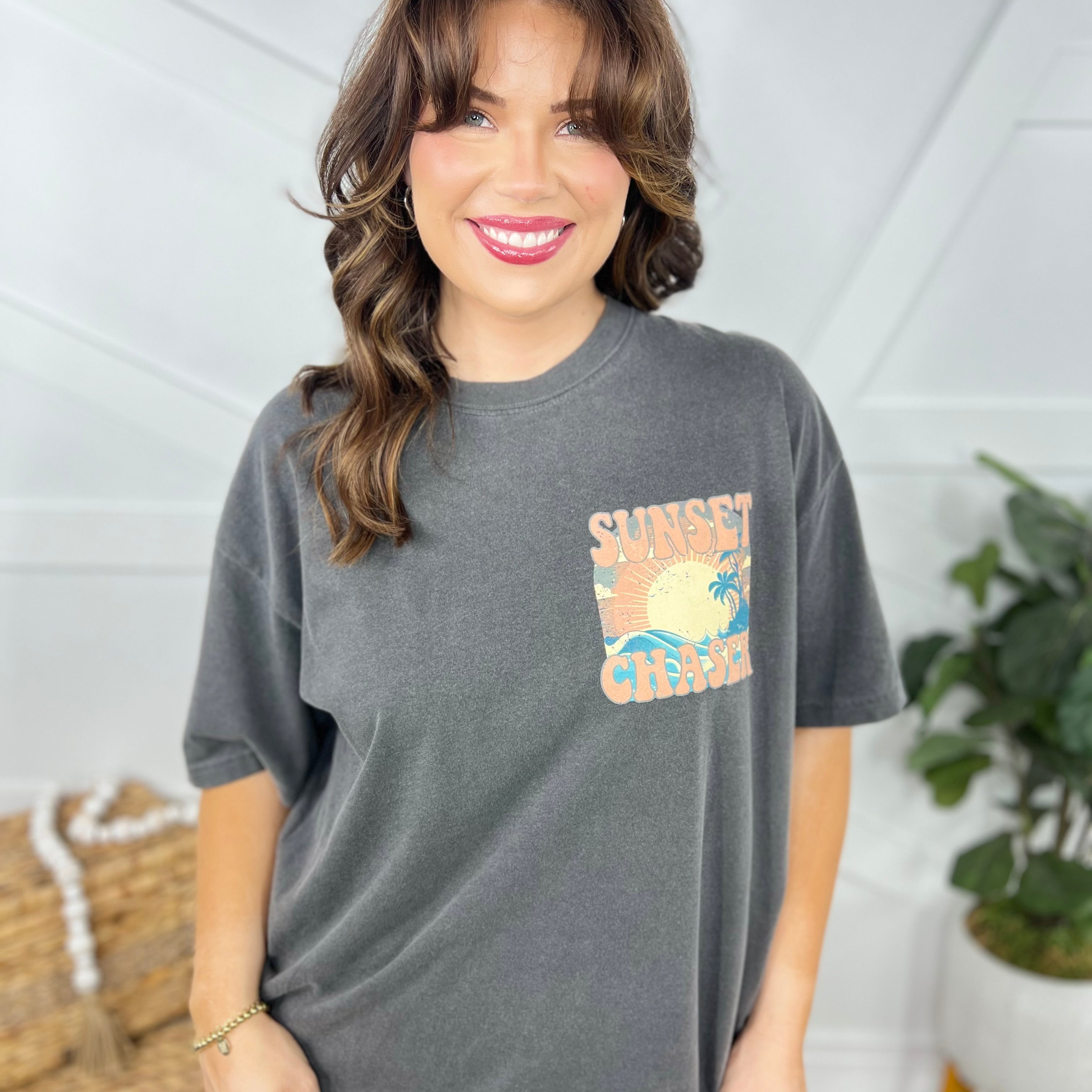 Busy Chasing Sunsets Graphic Tee-130 Graphic Tees-Heathered Boho-Heathered Boho Boutique, Women's Fashion and Accessories in Palmetto, FL