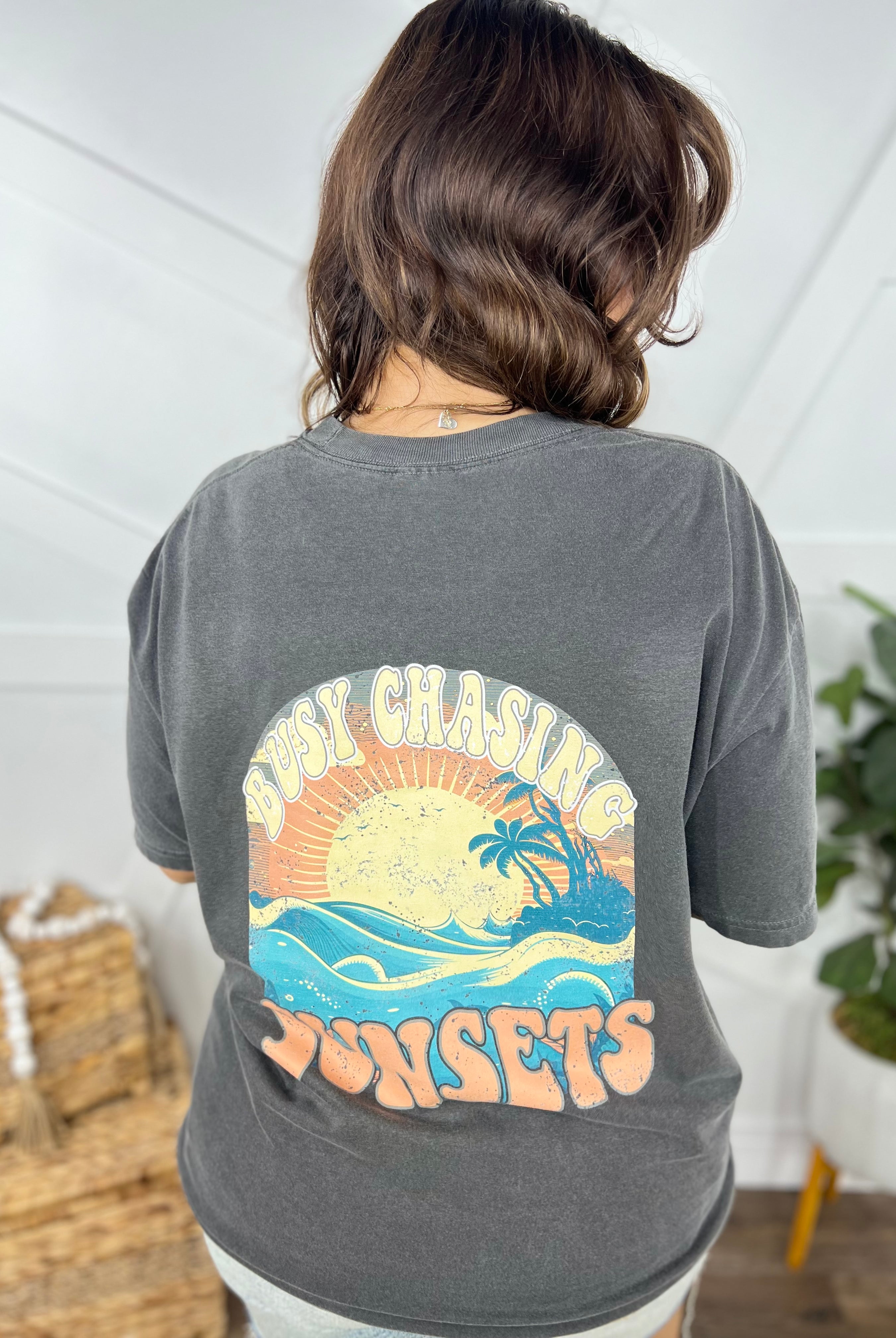 Busy Chasing Sunsets Graphic Tee-130 Graphic Tees-Heathered Boho-Heathered Boho Boutique, Women's Fashion and Accessories in Palmetto, FL