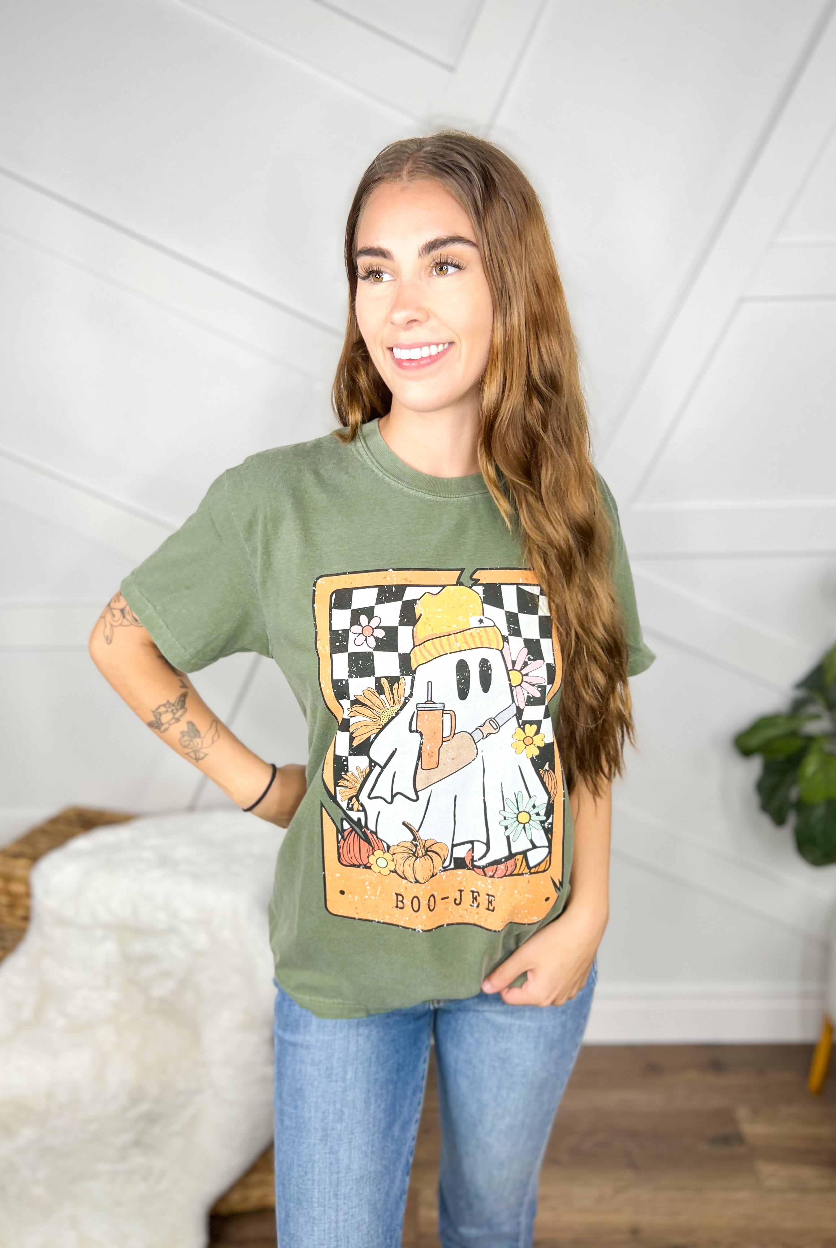 Fall Boujee Boo Graphic Tee-130 Graphic Tees-Heathered Boho-Heathered Boho Boutique, Women's Fashion and Accessories in Palmetto, FL