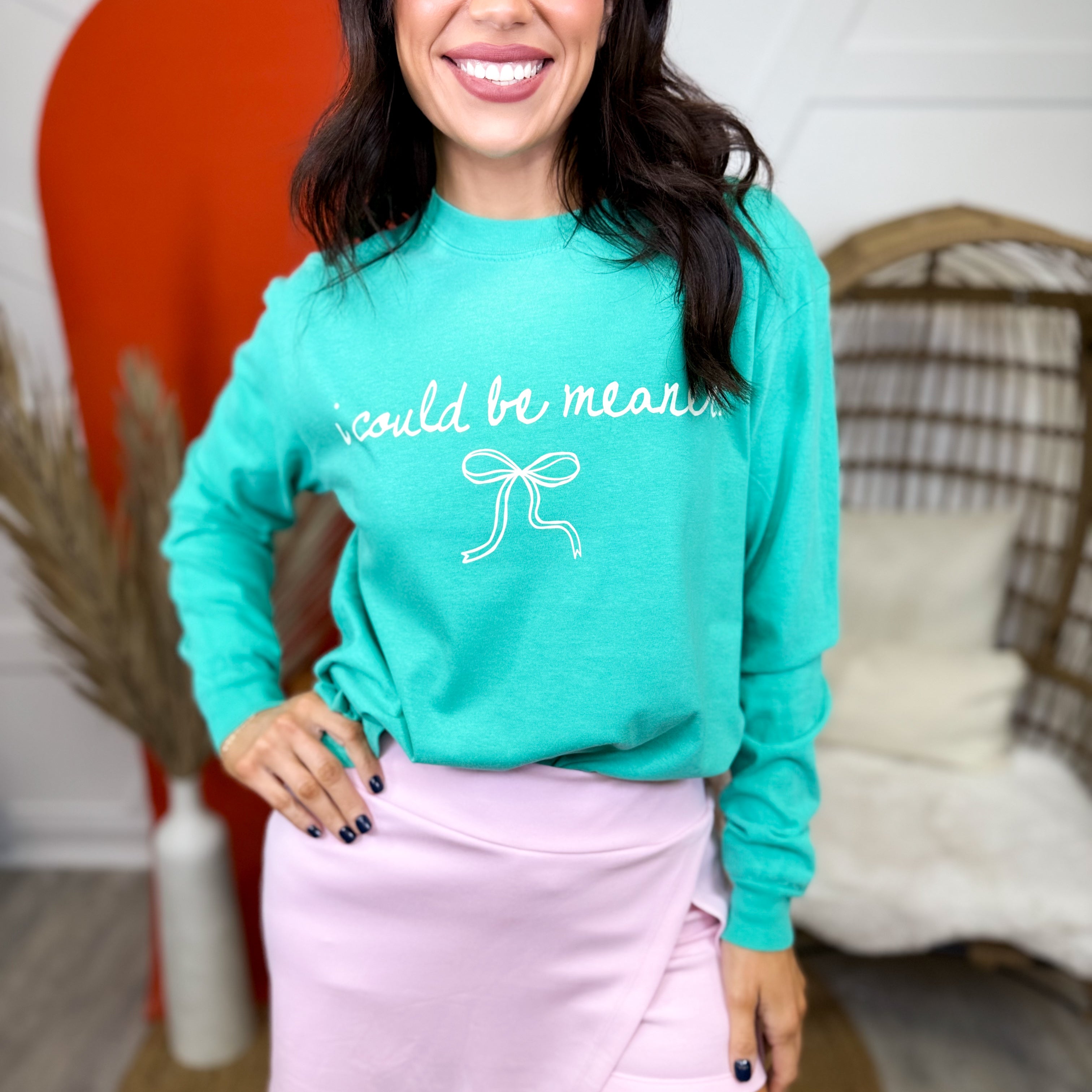 I Could Be Meaner Graphic Long Sleeve-125 Sweater-Heathered Boho-Heathered Boho Boutique, Women's Fashion and Accessories in Palmetto, FL