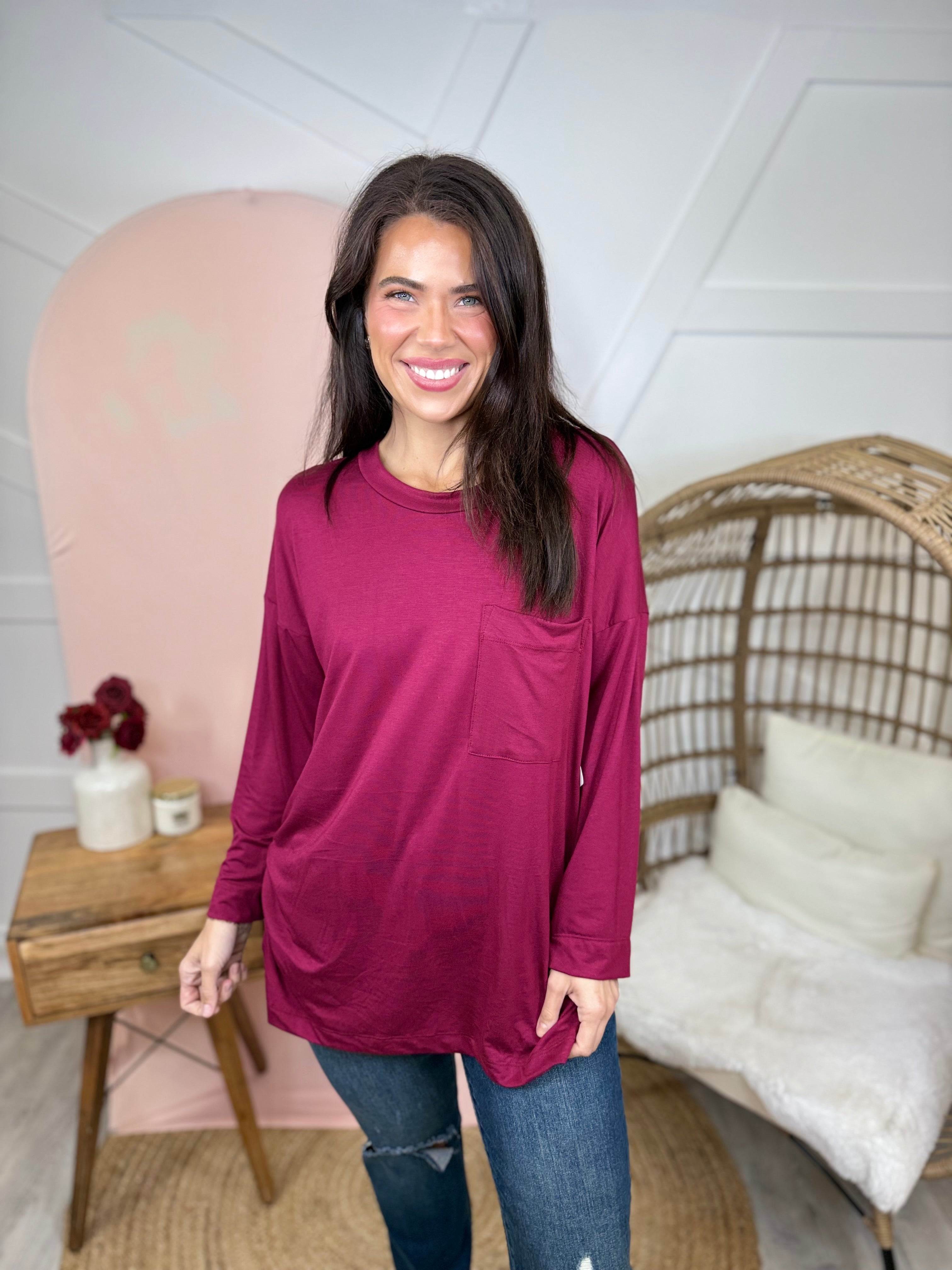 Atlas Pocket Long Sleeve Top-Wine-120 Long Sleeve Tops-Heathered Boho-Heathered Boho Boutique, Women's Fashion and Accessories in Palmetto, FL