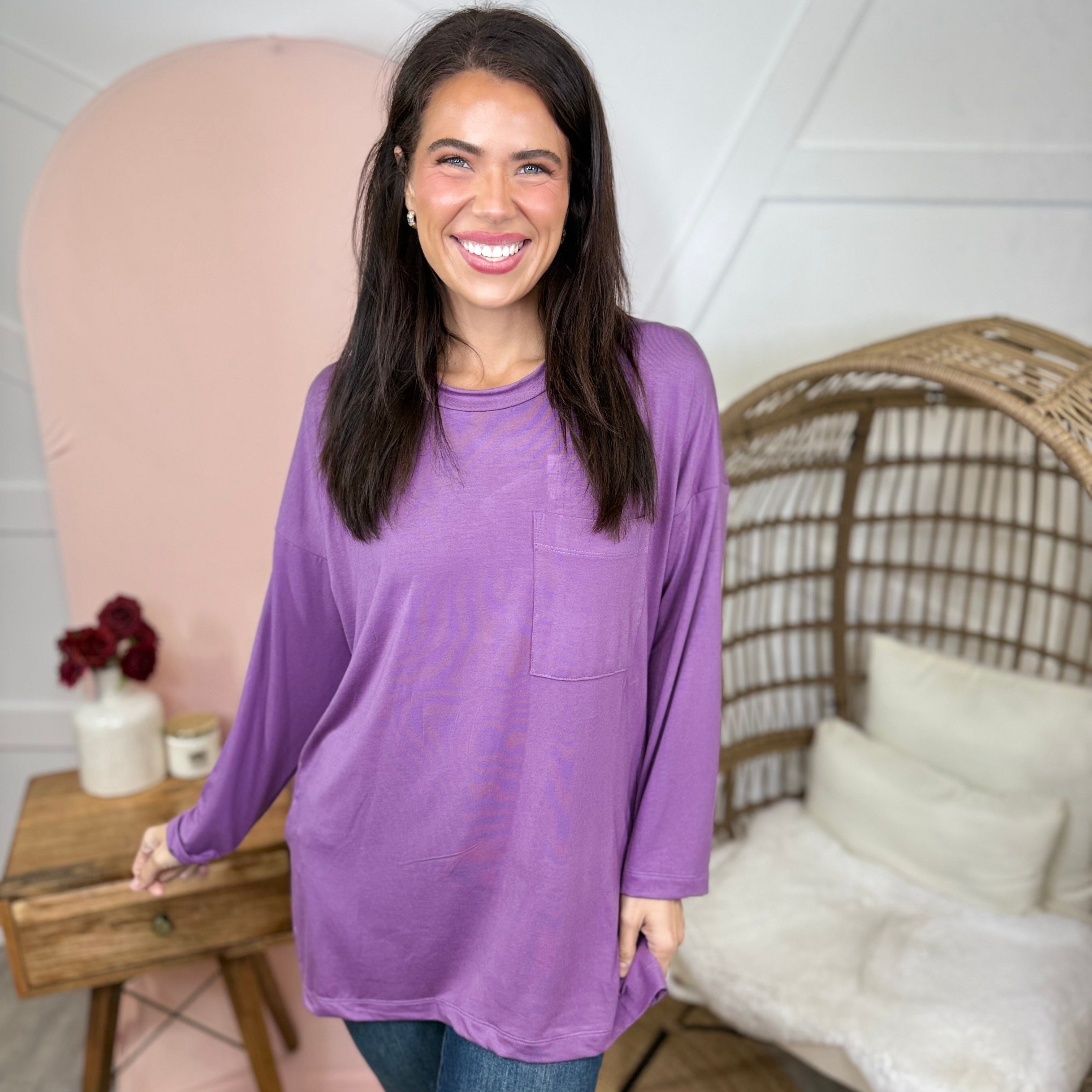 Atlas Pocket Long Sleeve Top-Plum-120 Long Sleeve Tops-Heathered Boho-Heathered Boho Boutique, Women's Fashion and Accessories in Palmetto, FL