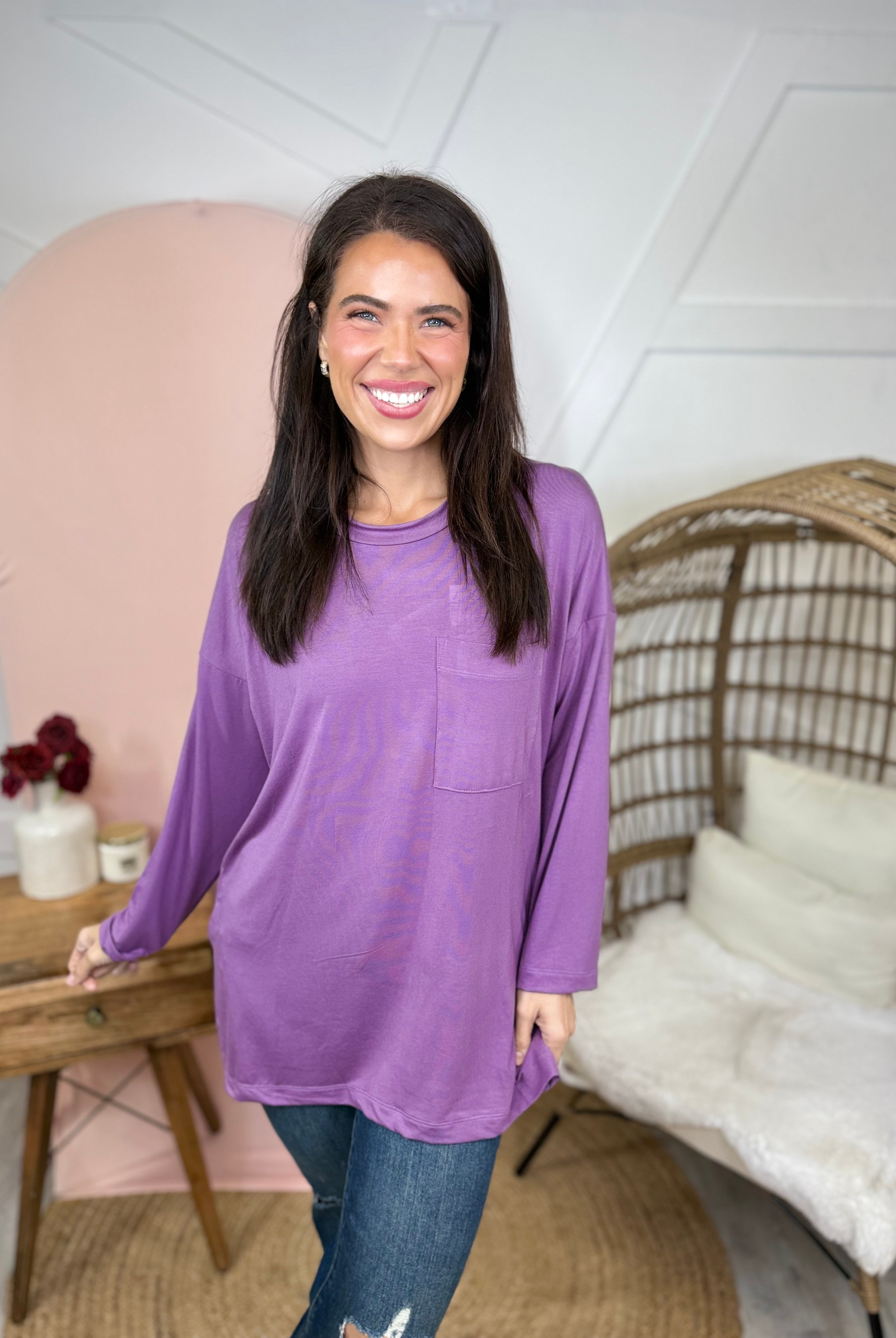 Atlas Pocket Long Sleeve Top-Plum-120 Long Sleeve Tops-Heathered Boho-Heathered Boho Boutique, Women's Fashion and Accessories in Palmetto, FL