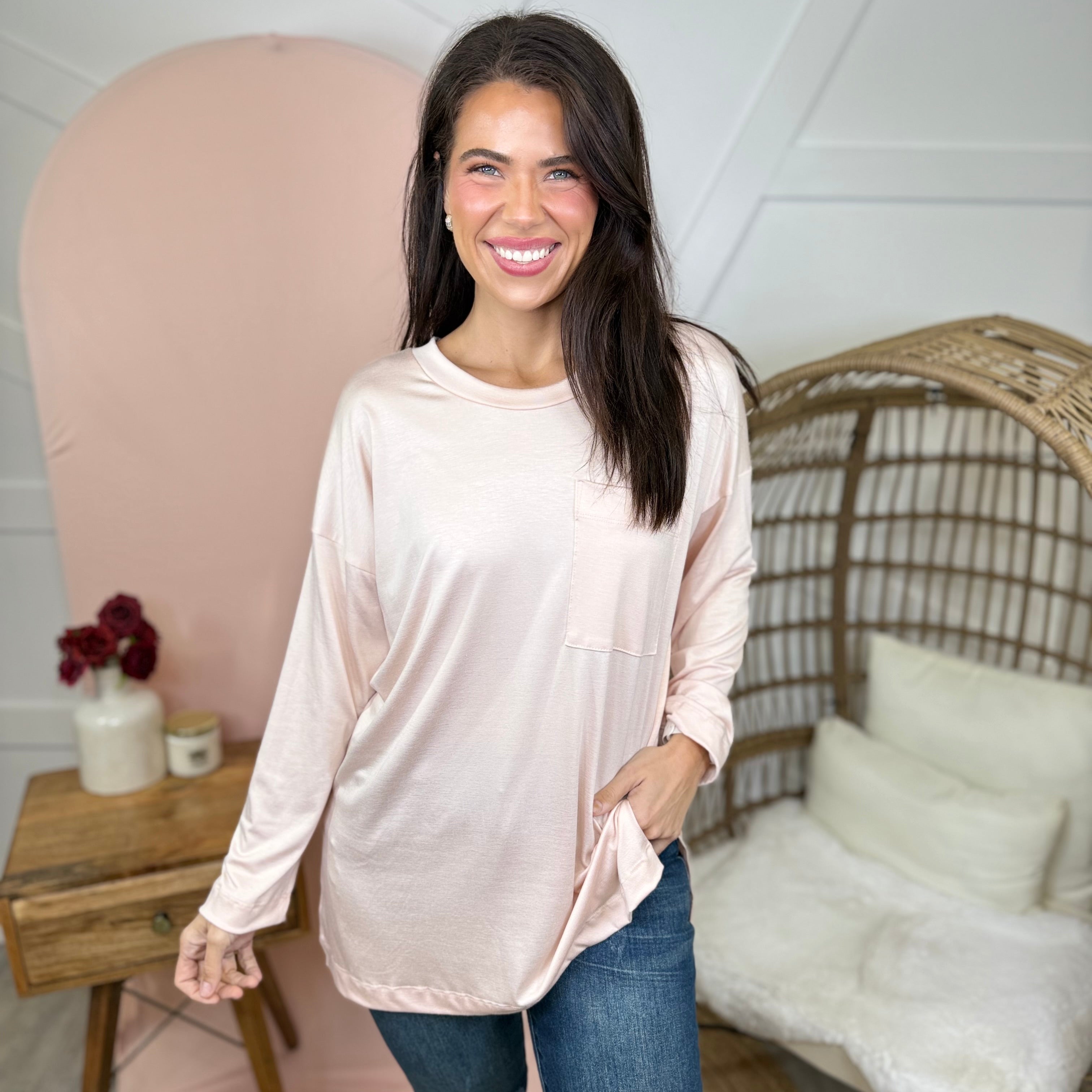 Atlas Pocket Long Sleeve Top-Blush-120 Long Sleeve Tops-Heathered Boho-Heathered Boho Boutique, Women's Fashion and Accessories in Palmetto, FL