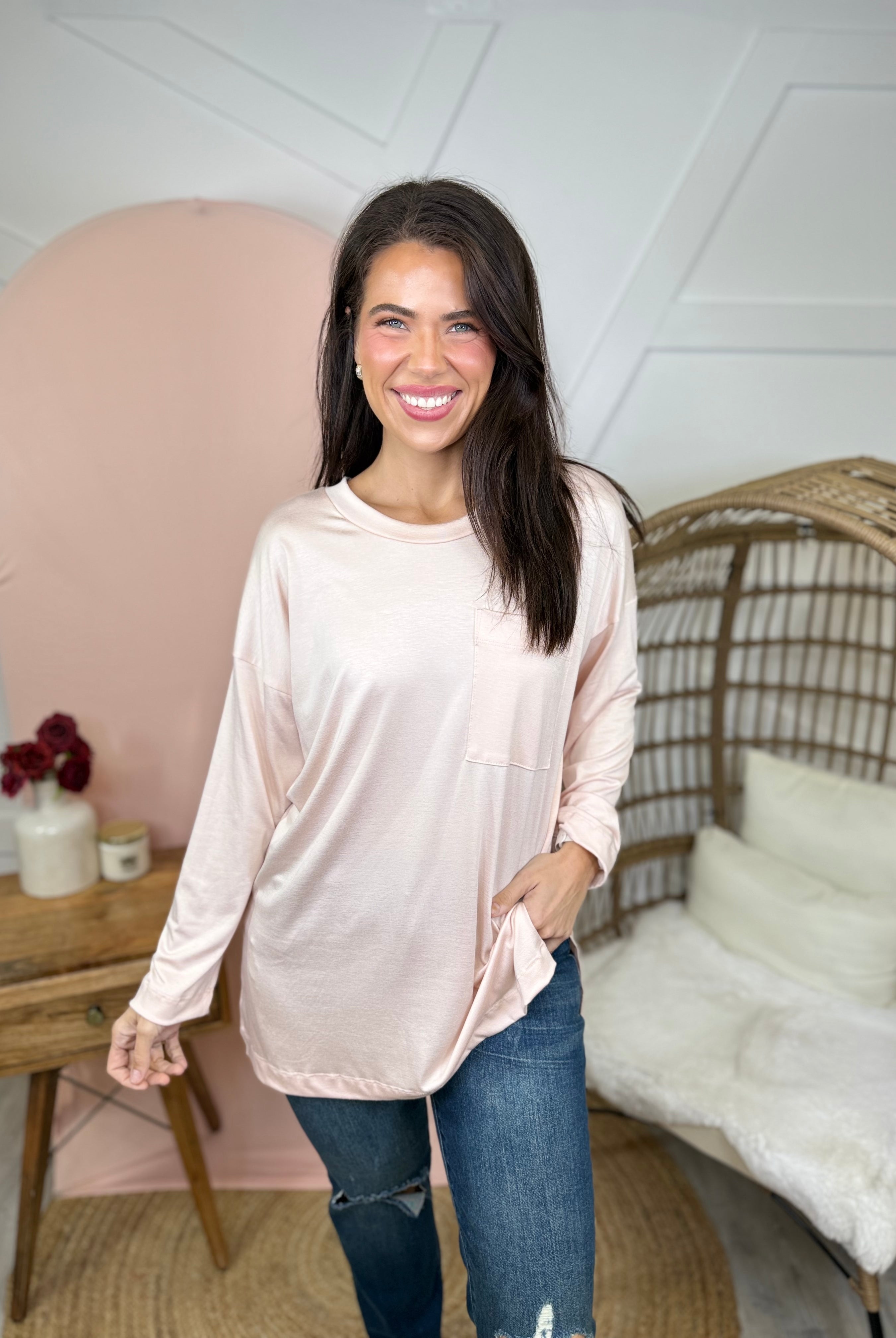 Atlas Pocket Long Sleeve Top-Blush-120 Long Sleeve Tops-Heathered Boho-Heathered Boho Boutique, Women's Fashion and Accessories in Palmetto, FL