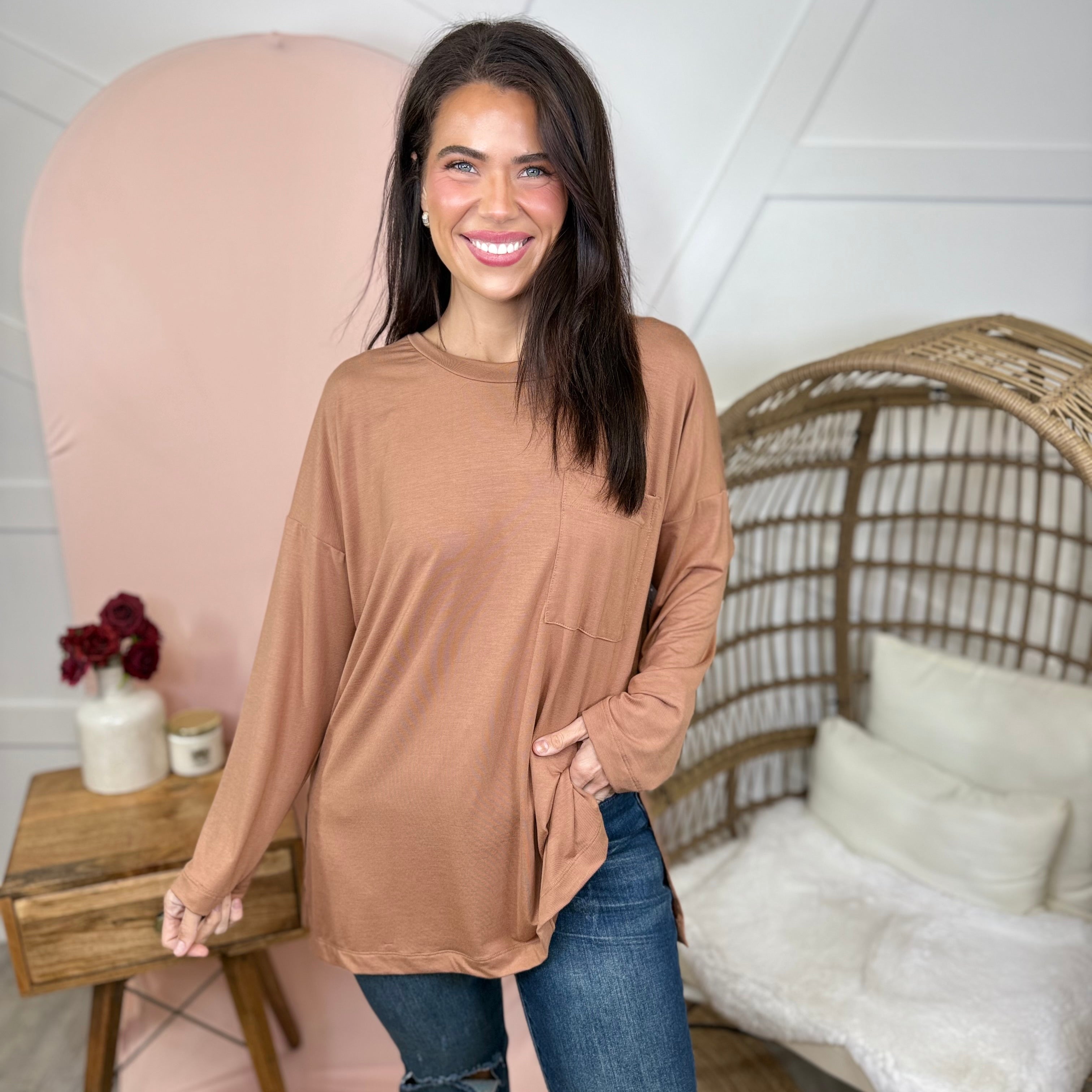 Atlas Pocket Long Sleeve Top-Light Mocha-120 Long Sleeve Tops-Heathered Boho-Heathered Boho Boutique, Women's Fashion and Accessories in Palmetto, FL