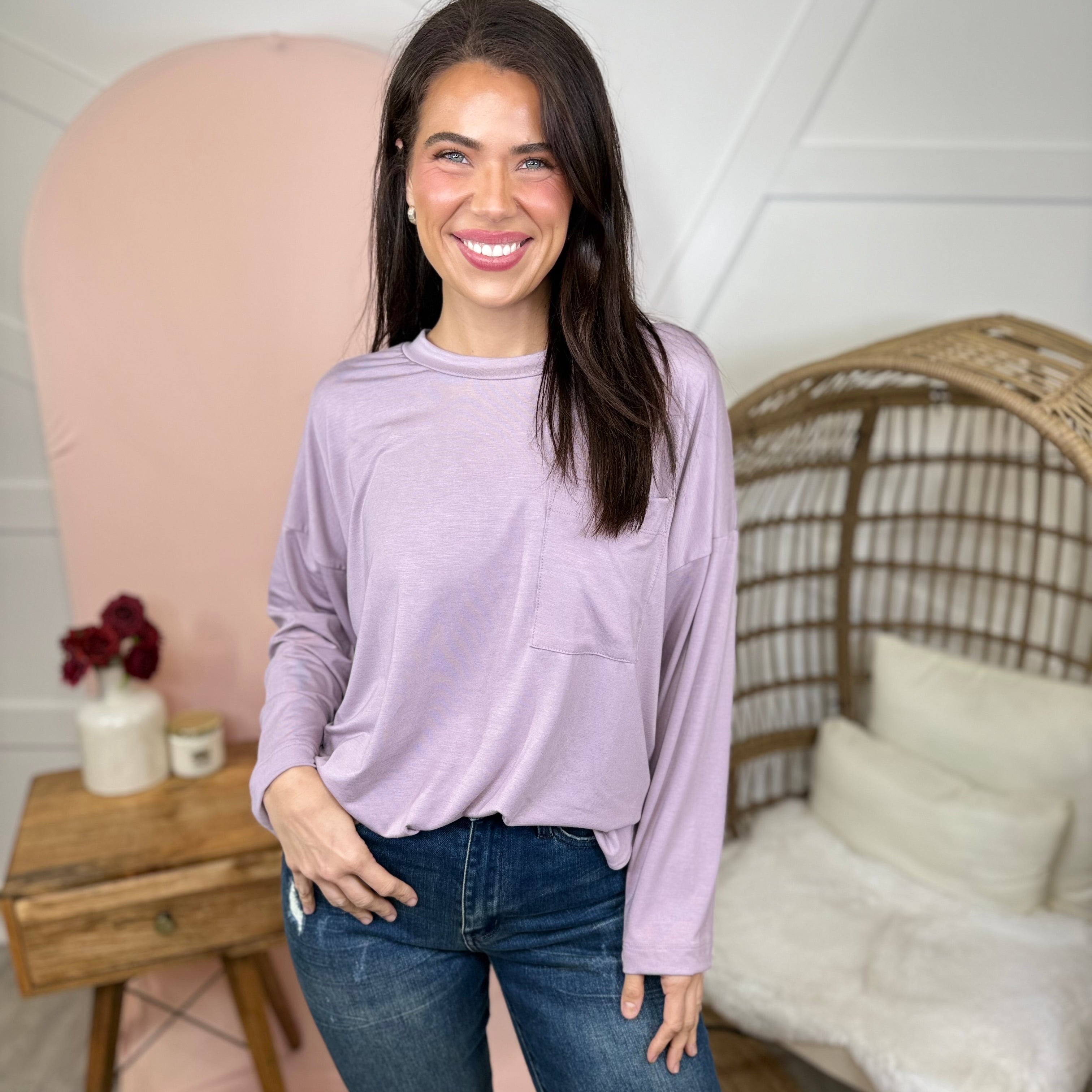 Atlas Pocket Long Sleeve Top-Lavender-120 Long Sleeve Tops-Heathered Boho-Heathered Boho Boutique, Women's Fashion and Accessories in Palmetto, FL