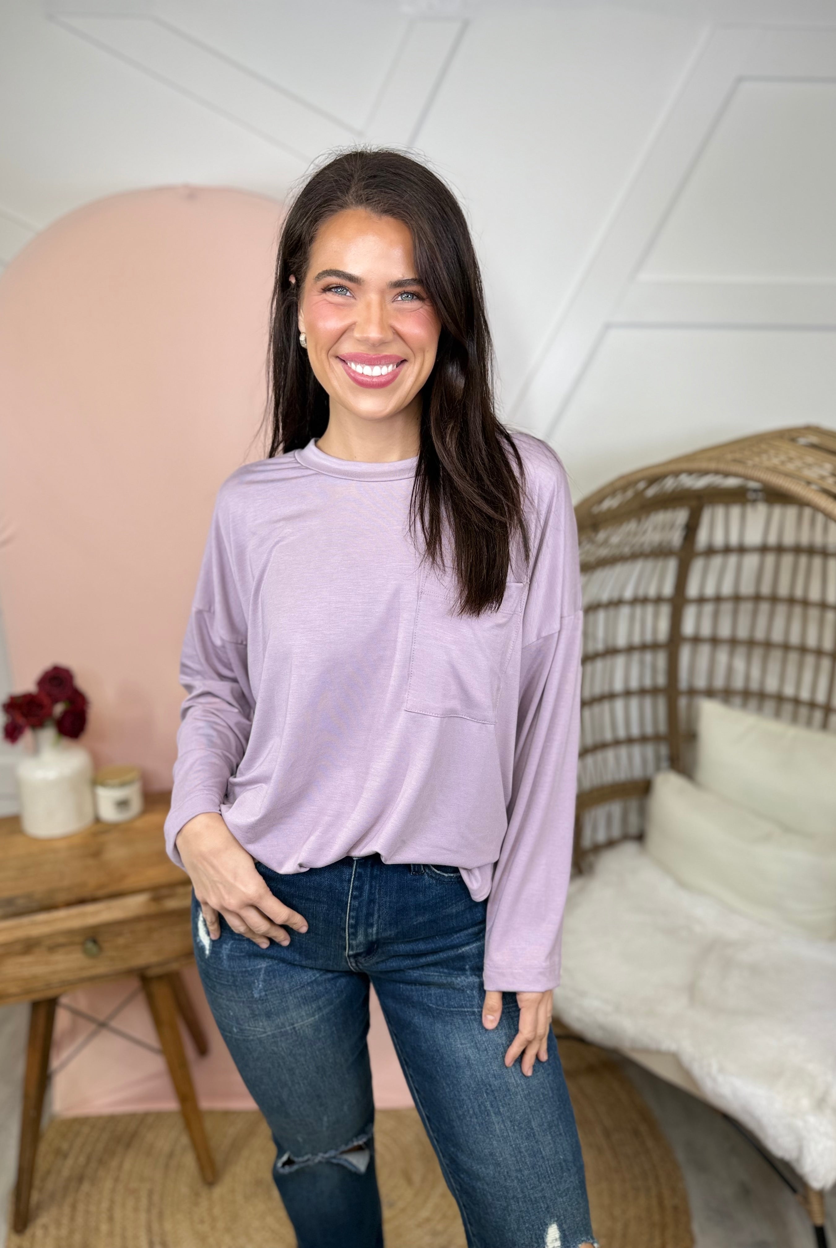 Atlas Pocket Long Sleeve Top-Lavender-120 Long Sleeve Tops-Heathered Boho-Heathered Boho Boutique, Women's Fashion and Accessories in Palmetto, FL