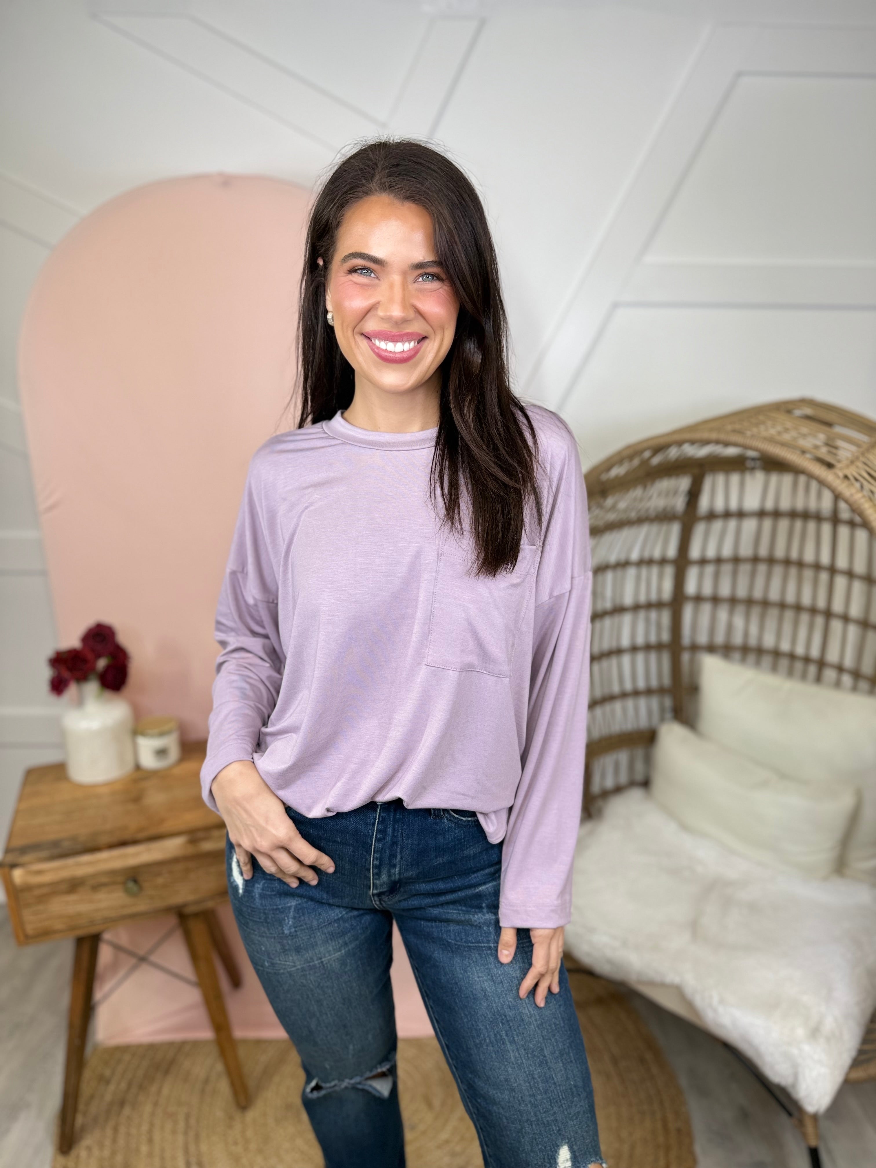 Atlas Pocket Long Sleeve Top-Lavender-120 Long Sleeve Tops-Heathered Boho-Heathered Boho Boutique, Women's Fashion and Accessories in Palmetto, FL