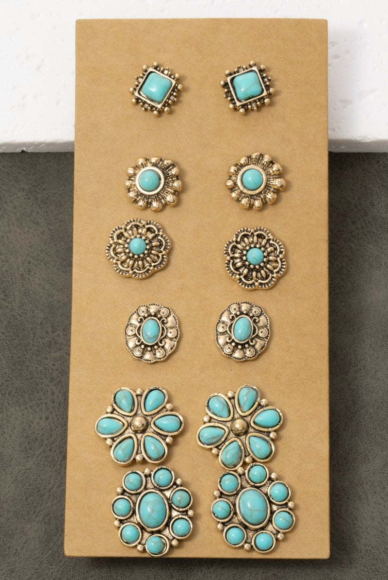 Multi Turquoise Stone Concho Earrings Set-310 Jewelry-Fame Accessories-Heathered Boho Boutique, Women's Fashion and Accessories in Palmetto, FL