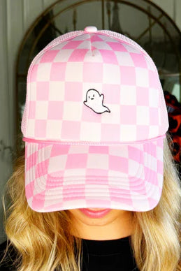 Pink Checkered Ghost Hat-330 Headwear-Poppy & Pine-Heathered Boho Boutique, Women's Fashion and Accessories in Palmetto, FL