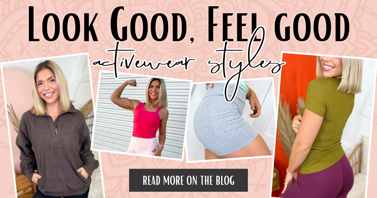 Promotional banner for activewear with text 'Look Good, Feel Good' and images of people wearing different activewear outfits | Heathered Boho Boutique | Palmetto, FL