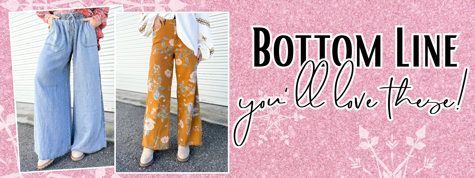 Two people wearing wide-leg pants with a promotional text on a pink background. | Heathered Boho Boutique | Palmetto, FL