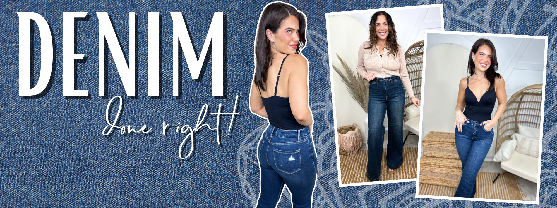Promotional banner for denim with a woman modeling jeans against a textured denim background | Heathered Boho Boutique | Palmetto, FL