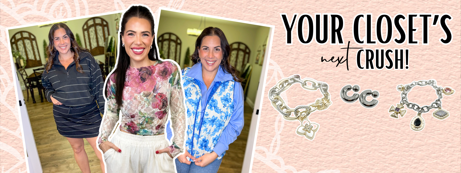 Three women posing together with jewelry displayed on a pink background | Heathered Boho Boutique | Palmetto, FL