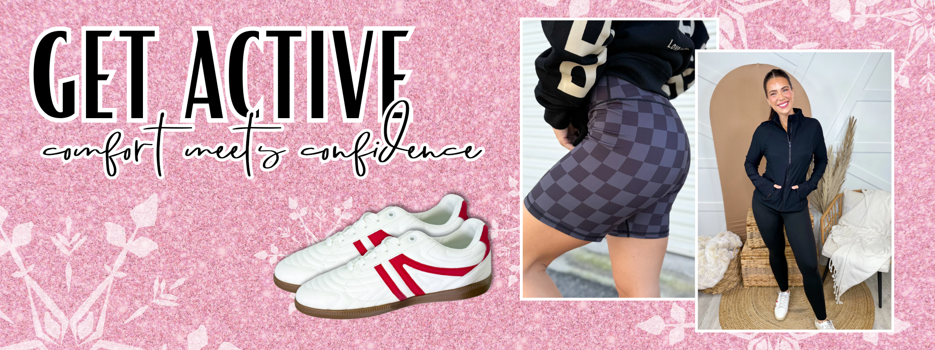 Promotional banner with text 'Get Active' and images of shoes, a person in checkered shorts, and a person in a black outfit. | Heathered Boho Boutique | Palmetto, FL