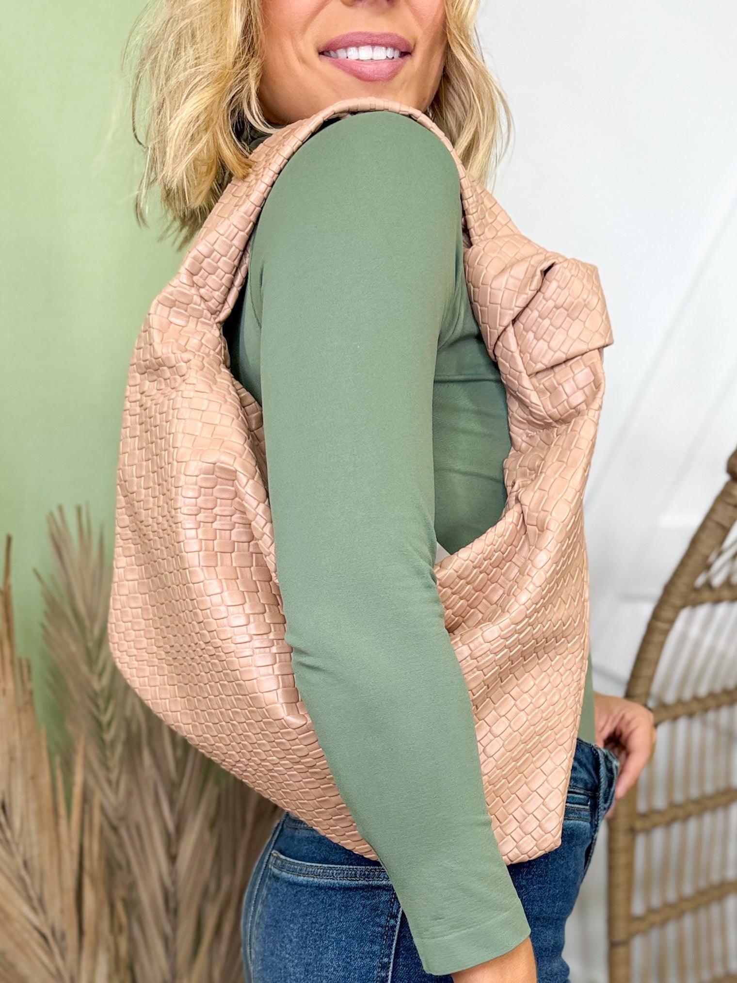 Braided Pattern Knotted Handle Hand Bag-320 Bags-Fame Accessories-Heathered Boho Boutique, Women's Fashion and Accessories in Palmetto, FL