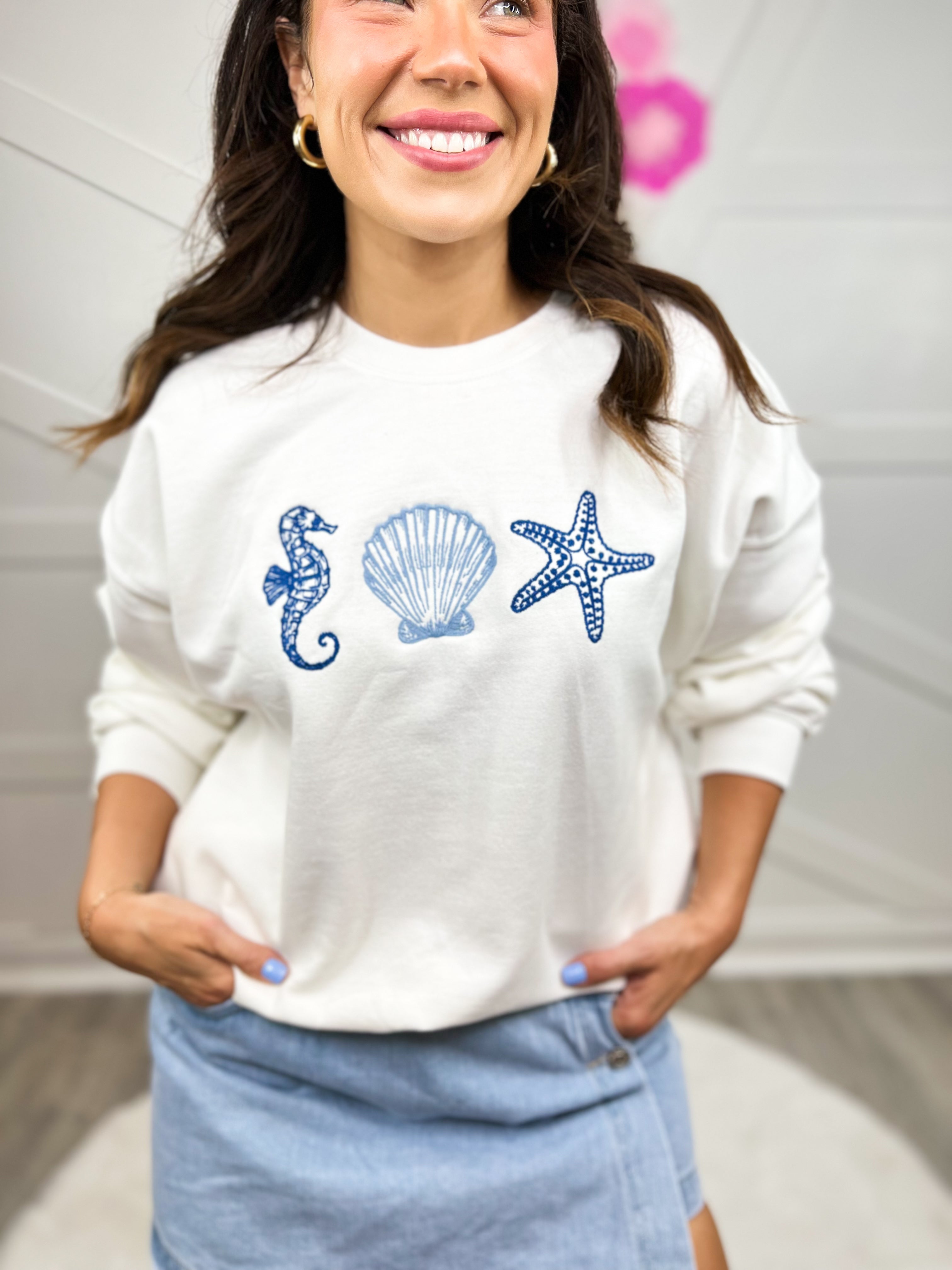 Seashore Embroidered Sweatshirt-120 Long Sleeve Tops-Sweet Claire-Heathered Boho Boutique, Women's Fashion and Accessories in Palmetto, FL