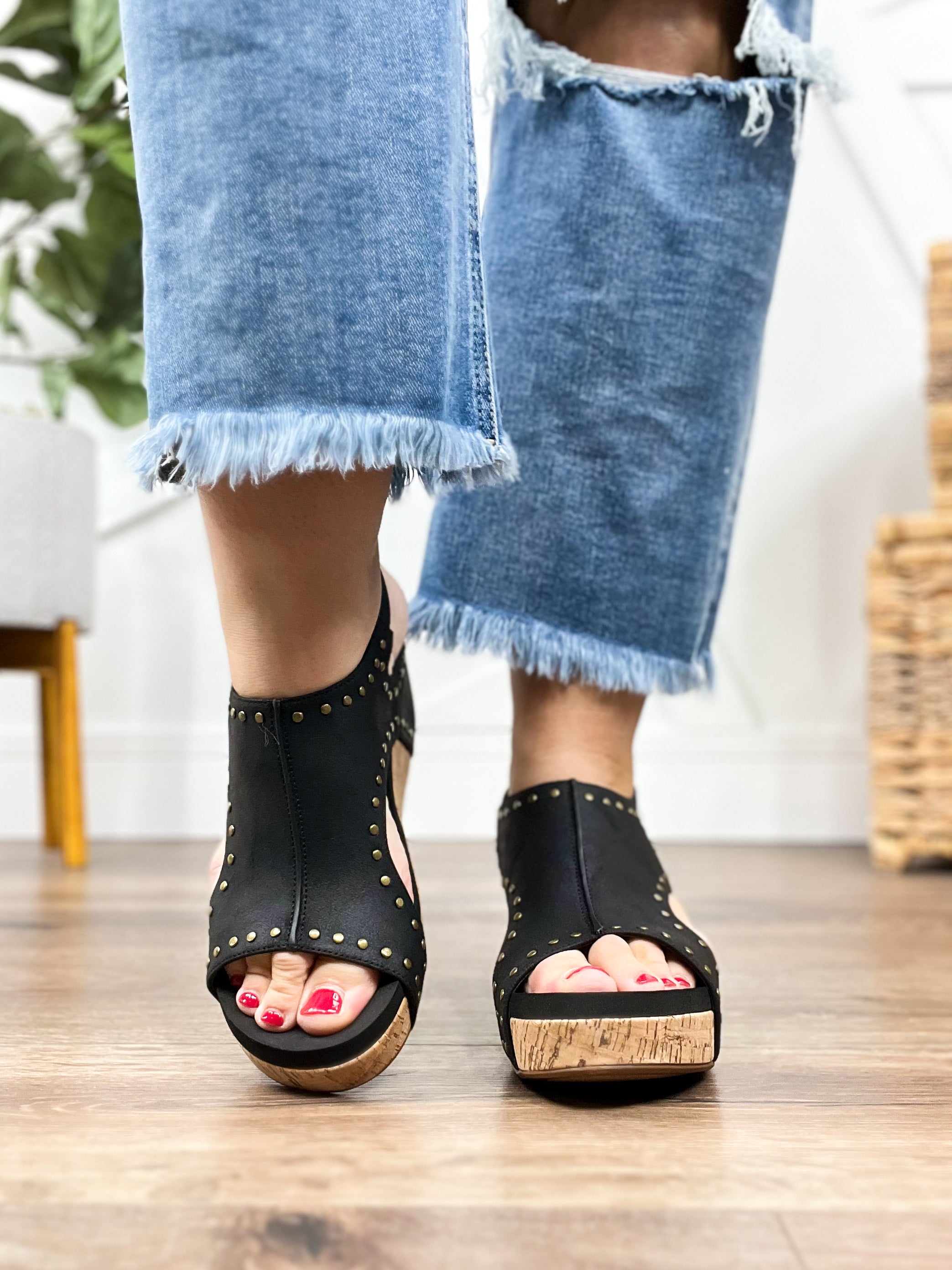 Carley Wedges - Black Oil Studs-350 Shoes-Corkys-Heathered Boho Boutique, Women's Fashion and Accessories in Palmetto, FL