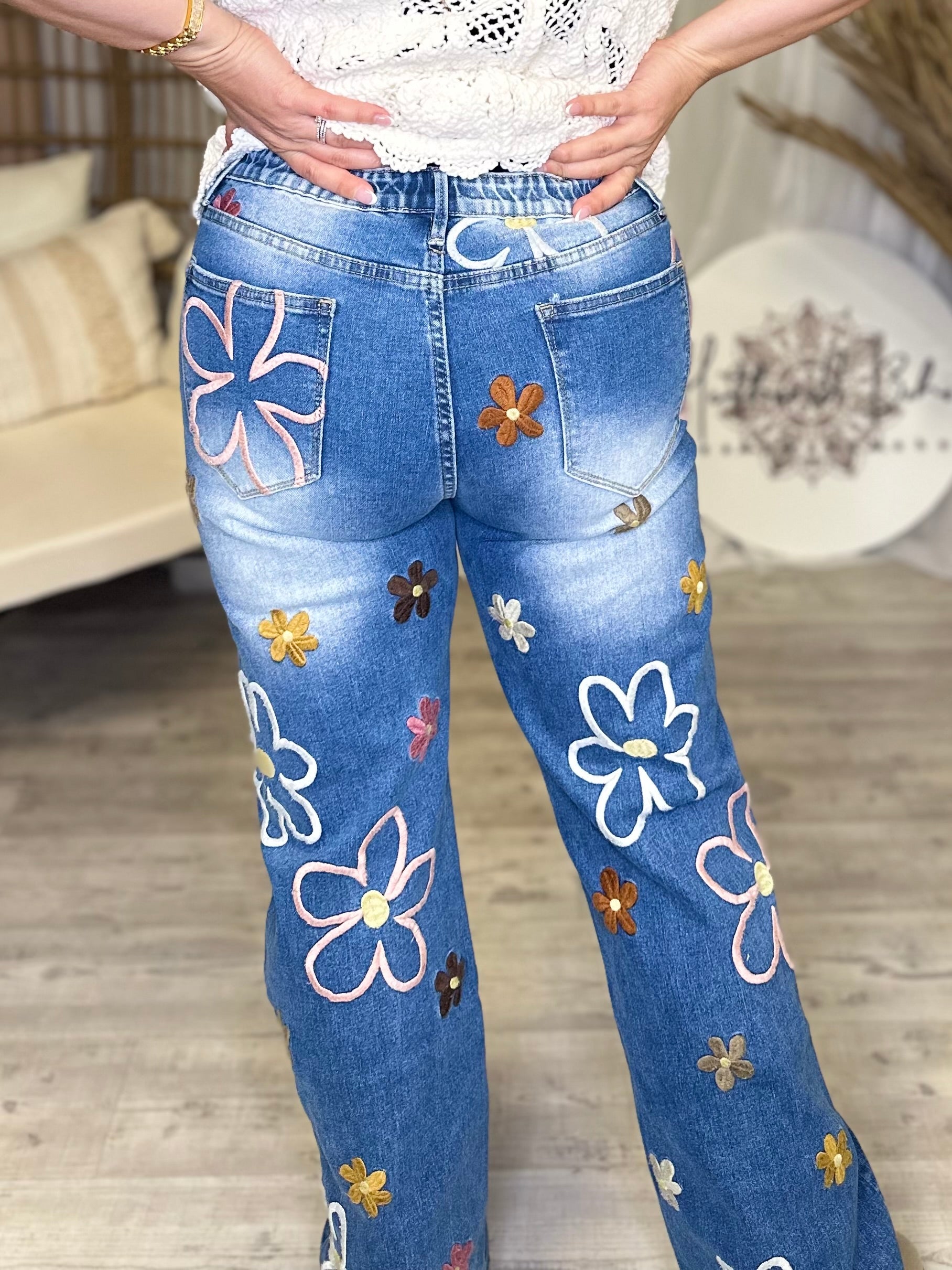 Restocked: Flower Power Denim Pants-190 Jeans-Oli & Hali-Heathered Boho Boutique, Women's Fashion and Accessories in Palmetto, FL