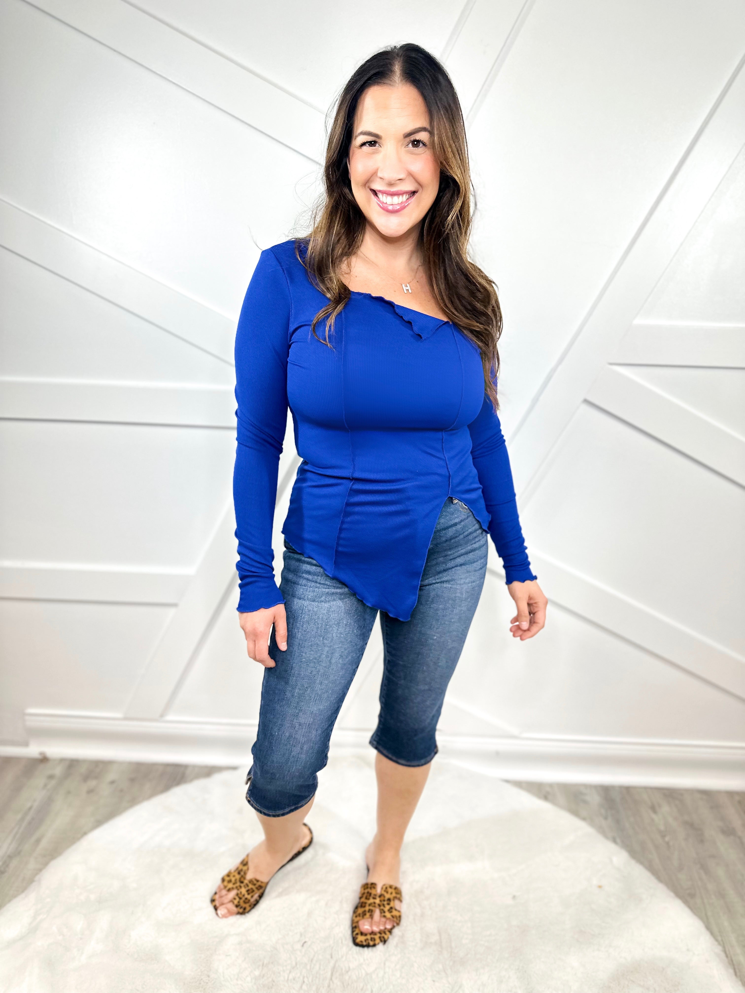 Free Spirit Asymmetrical Top- Royal-120 LONG SLEEVE TOPS-7TH RAY-Heathered Boho Boutique, Women's Fashion and Accessories in Palmetto, FL