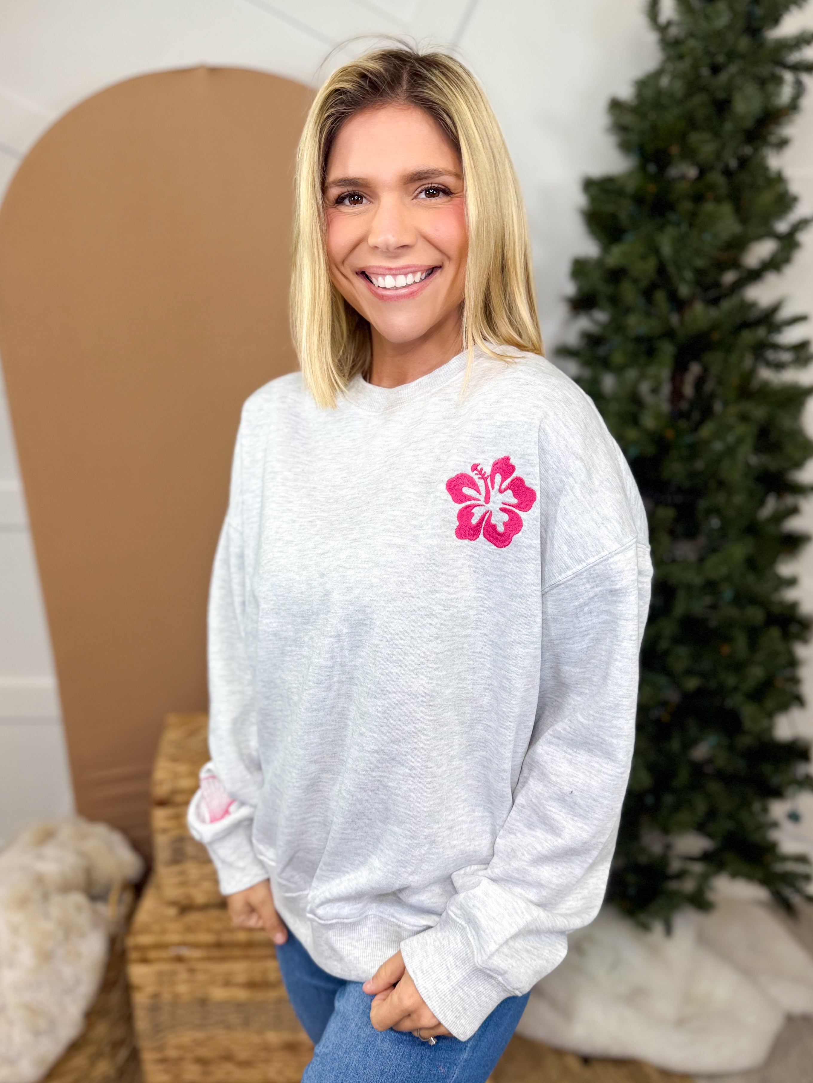 Hibiscus Embroidered Sweatshirt-120 Long Sleeve Tops-Reflex-Heathered Boho Boutique, Women's Fashion and Accessories in Palmetto, FL