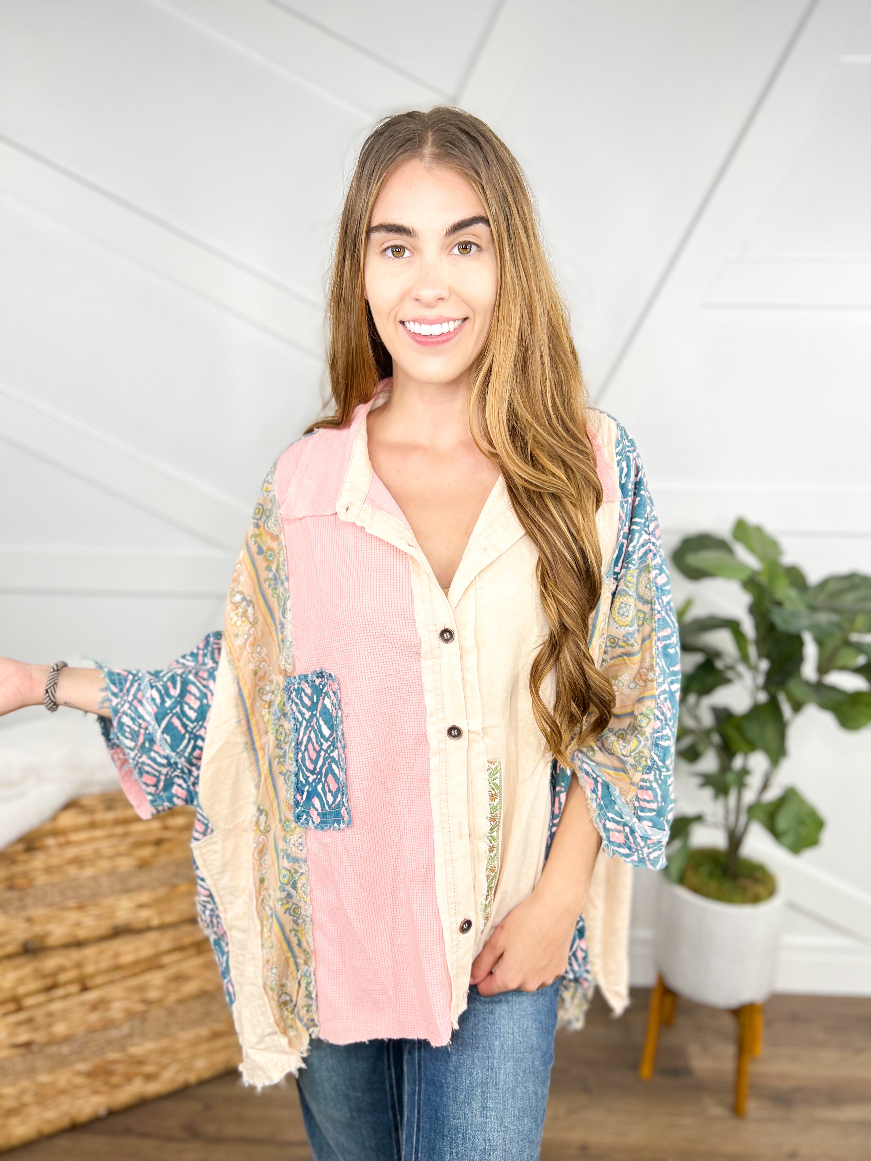 Geometric Button Down Top-110 Short Sleeve Top-BlueVelvet-Heathered Boho Boutique, Women's Fashion and Accessories in Palmetto, FL