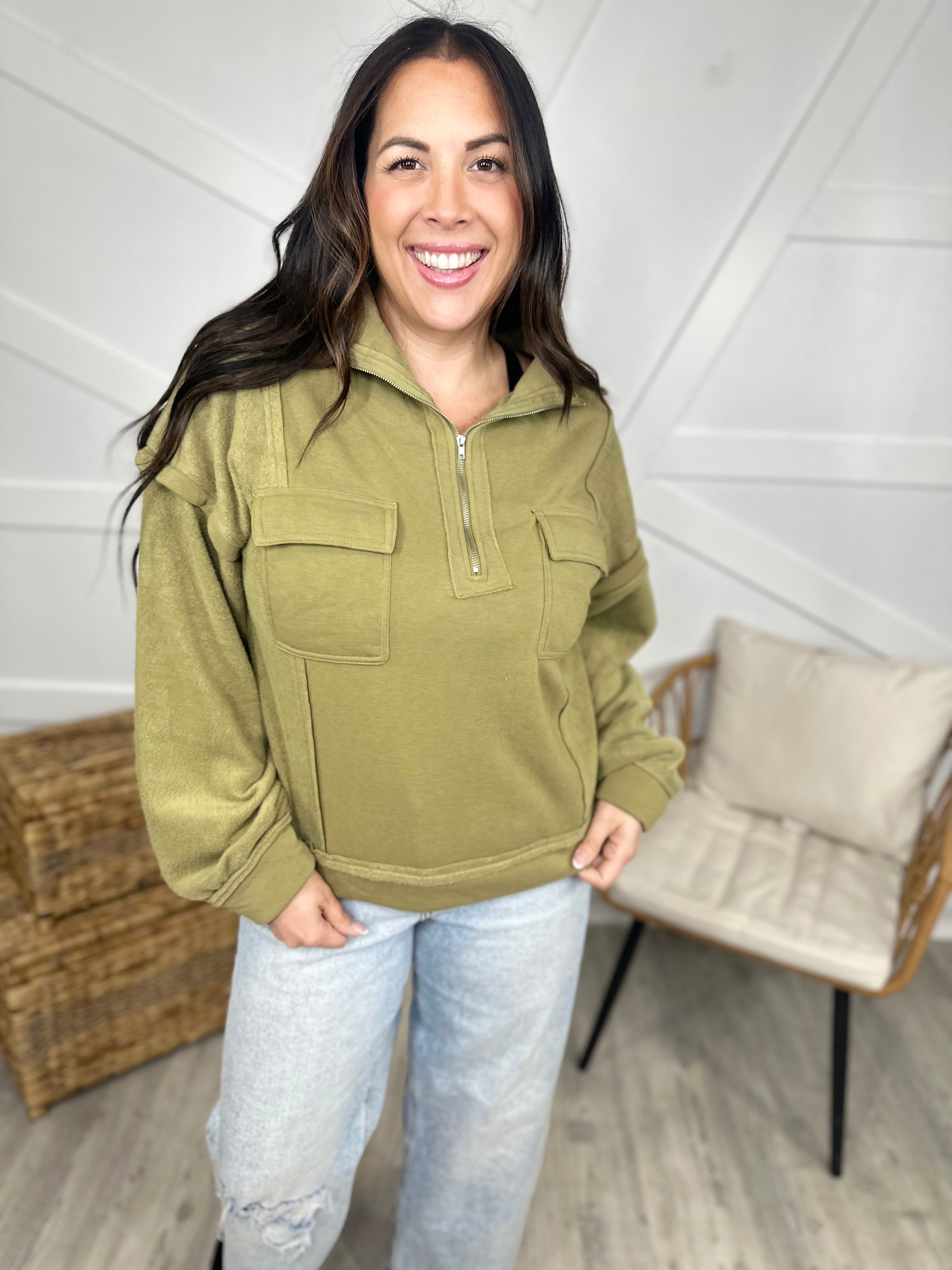 Cadet Half Zip Sweatshirt-120 Long Sleeve Tops-Very J-Heathered Boho Boutique, Women's Fashion and Accessories in Palmetto, FL