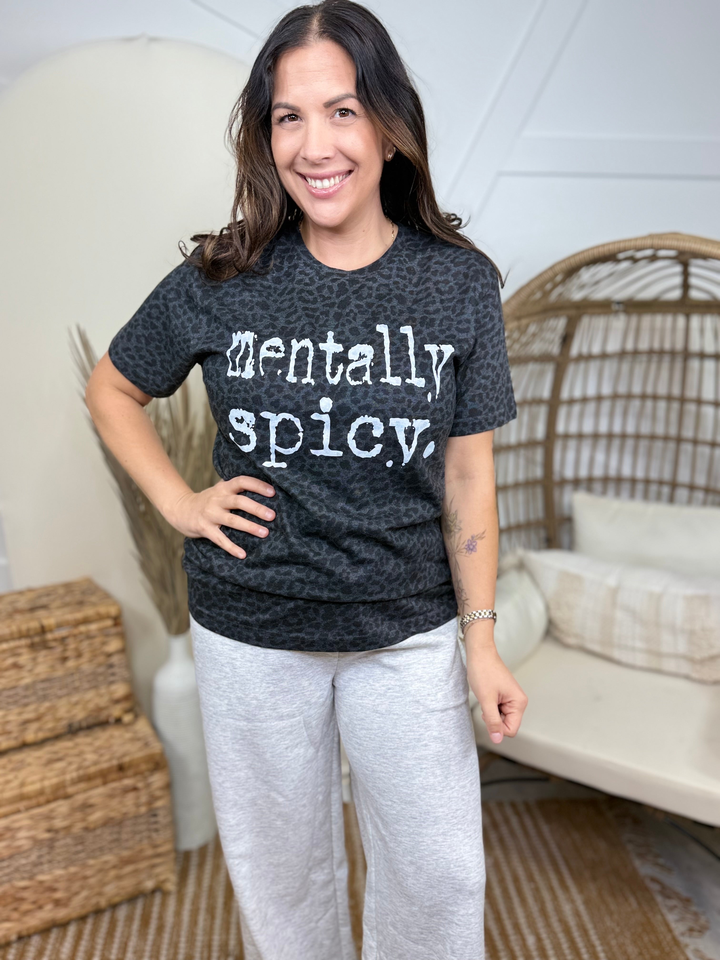 Mentally Spicy Graphic Tee-White Text-130 Graphic Tees-Heathered Boho-Heathered Boho Boutique, Women's Fashion and Accessories in Palmetto, FL