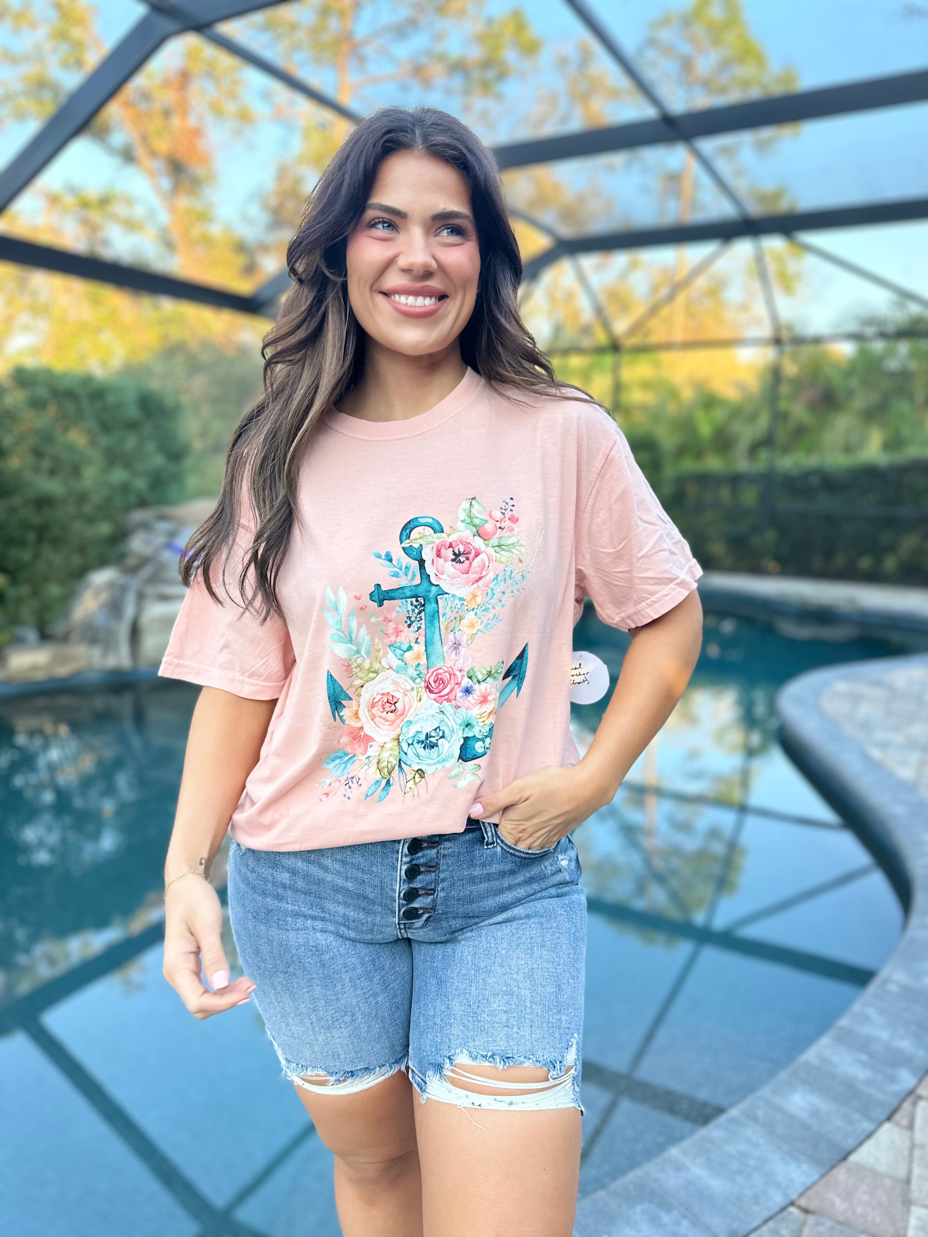 Floral Anchor Graphic Tee - Peachy-130 Graphic Tees-Heathered Boho-Heathered Boho Boutique, Women's Fashion and Accessories in Palmetto, FL