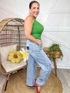 Bloom Detail Barrel Jeans By Saige-190 JEANS-SAIGE-Heathered Boho Boutique, Women's Fashion and Accessories in Palmetto, FL