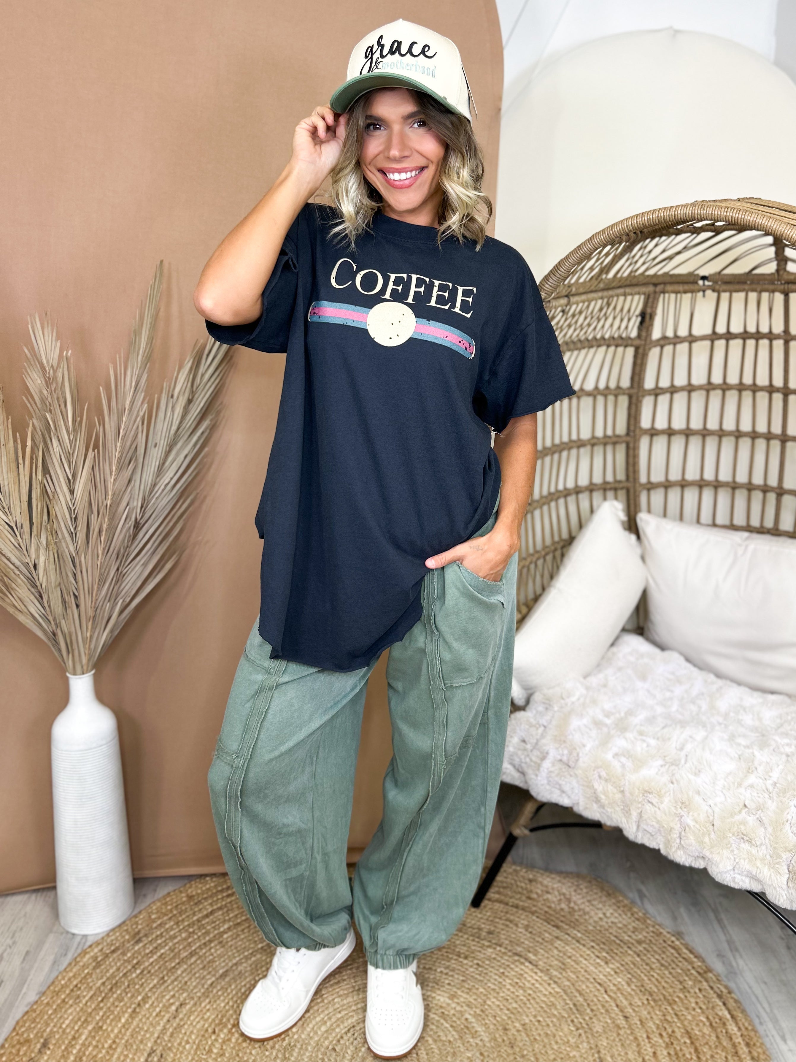 Designer Coffee Side Slit Tee-130 GRAPHIC TEE-Pebby Forevee-Heathered Boho Boutique, Women's Fashion and Accessories in Palmetto, FL