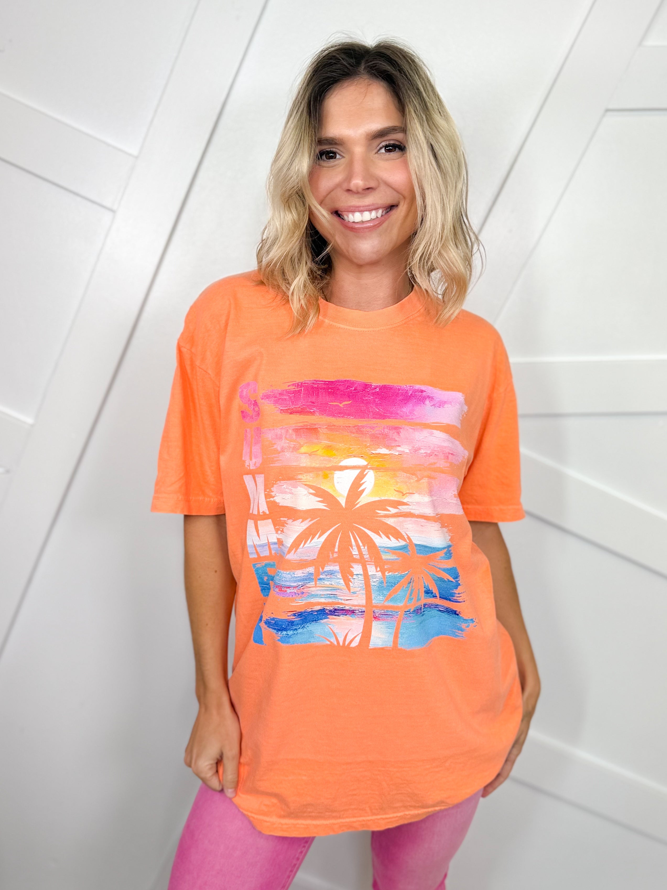 Retro Summer Sunset Palm Graphic Tee-130 Graphic Tees-Heathered Boho-Heathered Boho Boutique, Women's Fashion and Accessories in Palmetto, FL