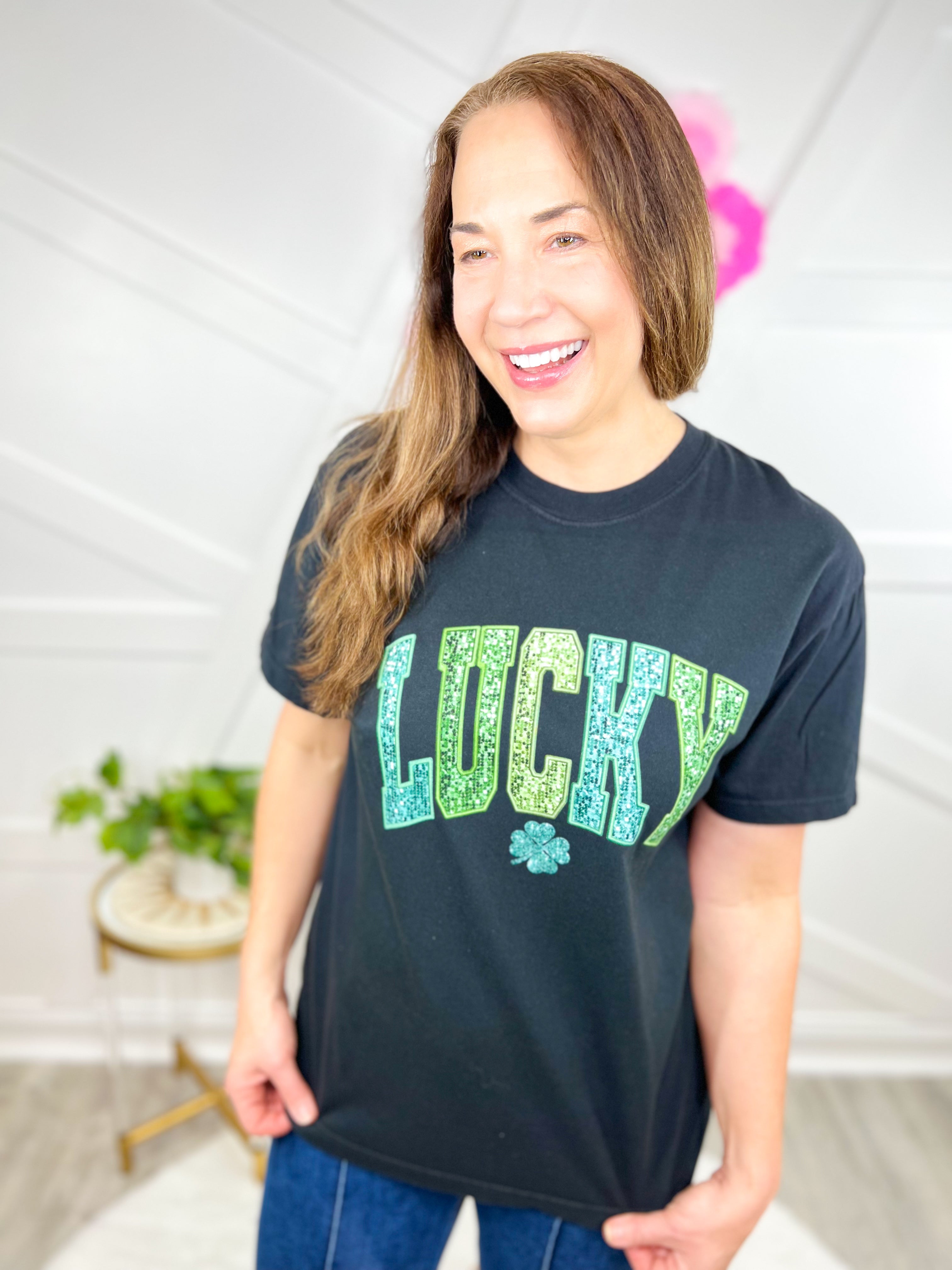 Faux Sequin LUCKY Graphic Tee-130 Graphic Tees-Heathered Boho-Heathered Boho Boutique, Women's Fashion and Accessories in Palmetto, FL