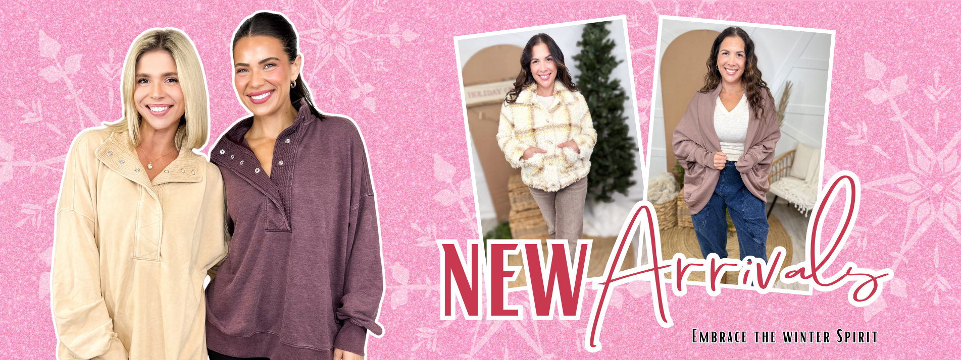 Two women standing together with 'NEW Arrivals' text on a pink background | Heathered Boho Boutique | Palmetto, FL